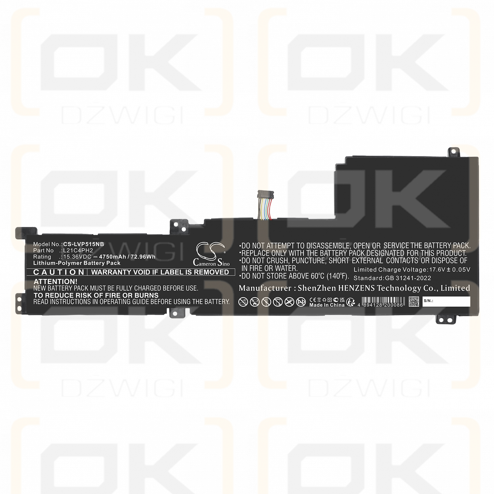 Lenovo IdeaPad 5-15ITL05 / L21C4PH2 4750 mAh Li-Polymer 15.36 V (Cameron Sino)