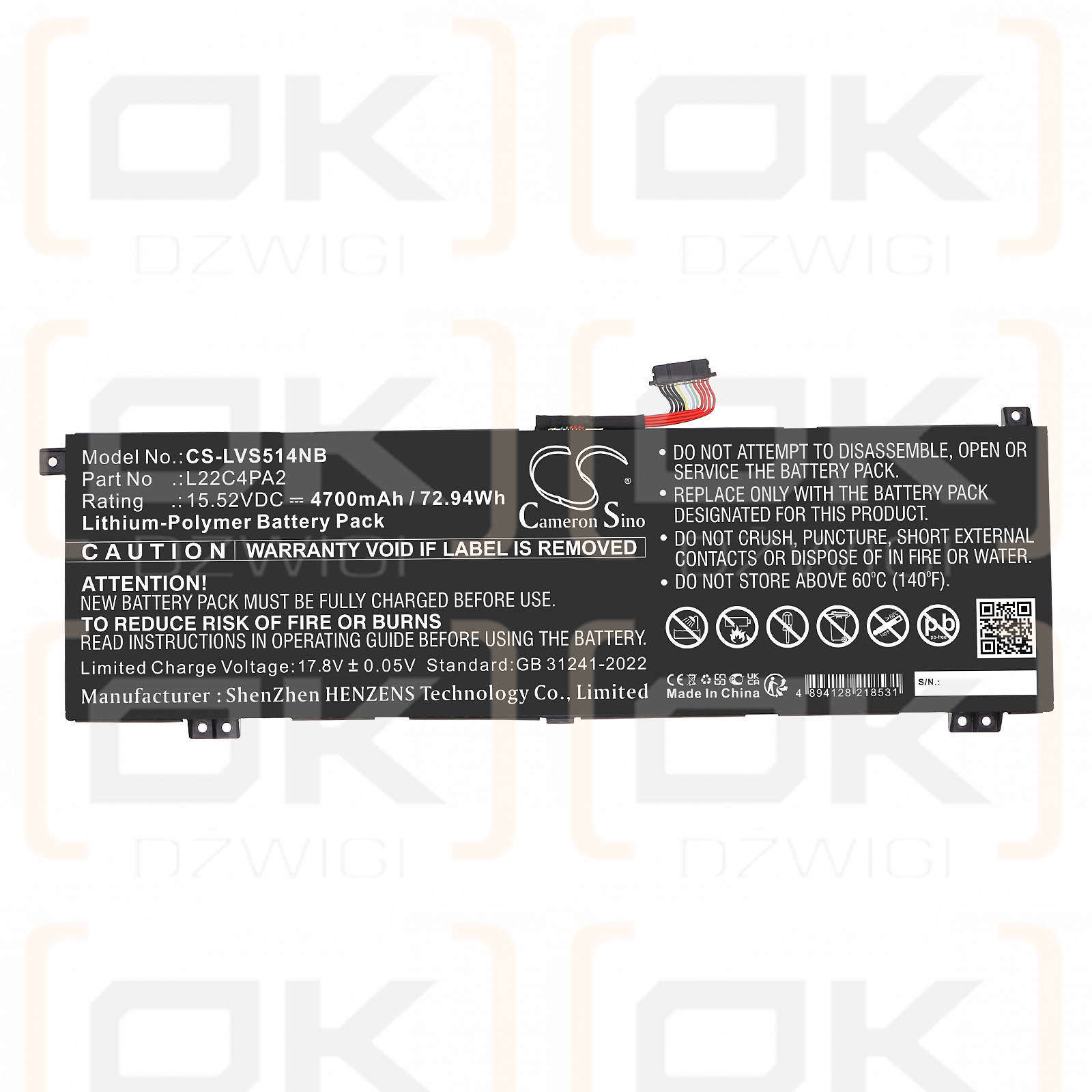Lenovo Legion Slim 5 14APH8-82Y5005KMX / 5B11K39112 4700 mAh, polímero de litio, 15,52 V (Cameron Sino)