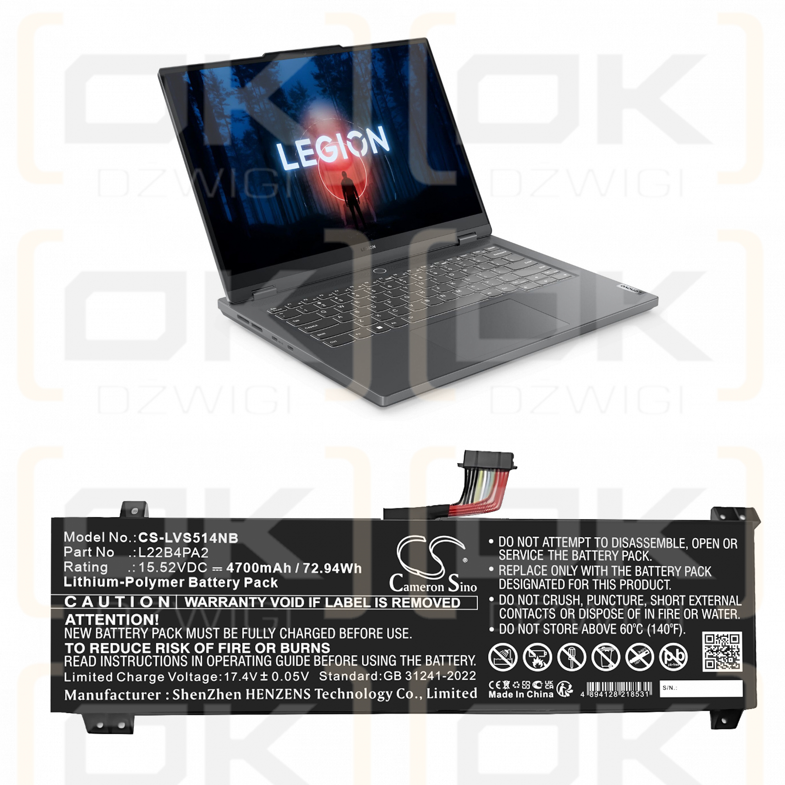 Lenovo Legion Slim 5 14APH8-82Y5005KMX / 5B11K39112 4700 mAh, polímero de litio, 15,52 V (Cameron Sino)