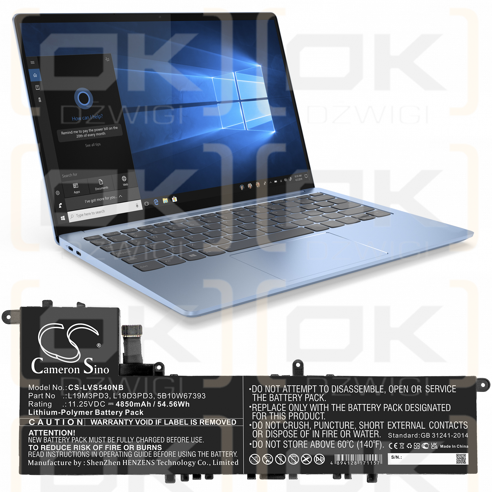 Lenovo IdeaPad S540-13 / L19D3PD3, 4850 мАч, литий-полимерный, 11,25 В (Cameron Sino)