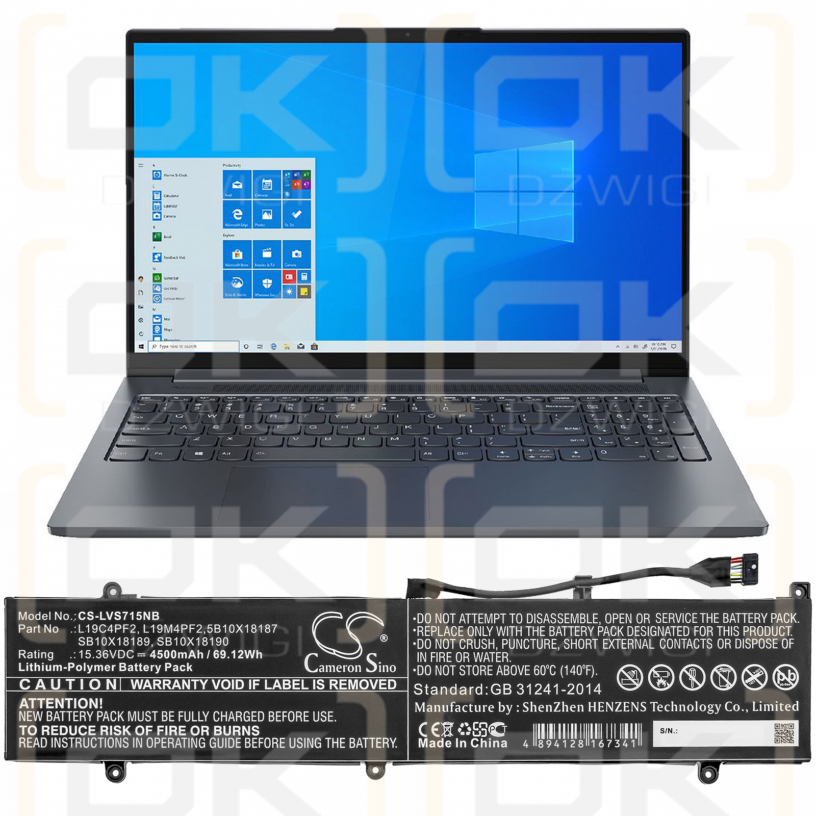 Lenovo Yoga Slim 7-15IMH05 / L19C4PF2, 4500 мАч, литий-полимерный, 15,36 В (Cameron Sino)