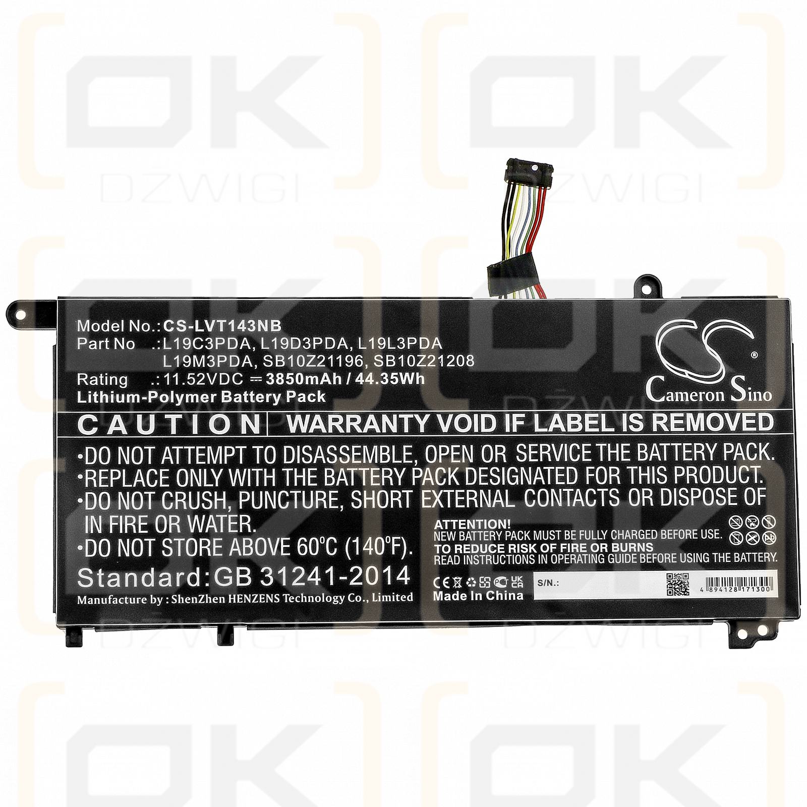 Lenovo FRU TP1415 LG / L19C3PDA 3850mAh Li-Polymer 11.52V (Cameron Sino)