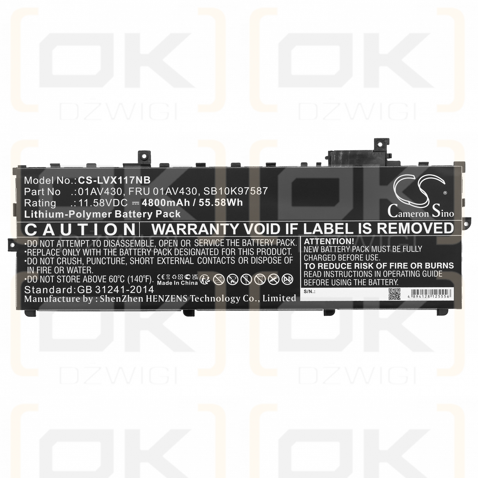 Lenovo TP X1-20KGSFHW00 / 01AV430 4800 mAh Li-Polymer 11,58 V (Cameron Sino)