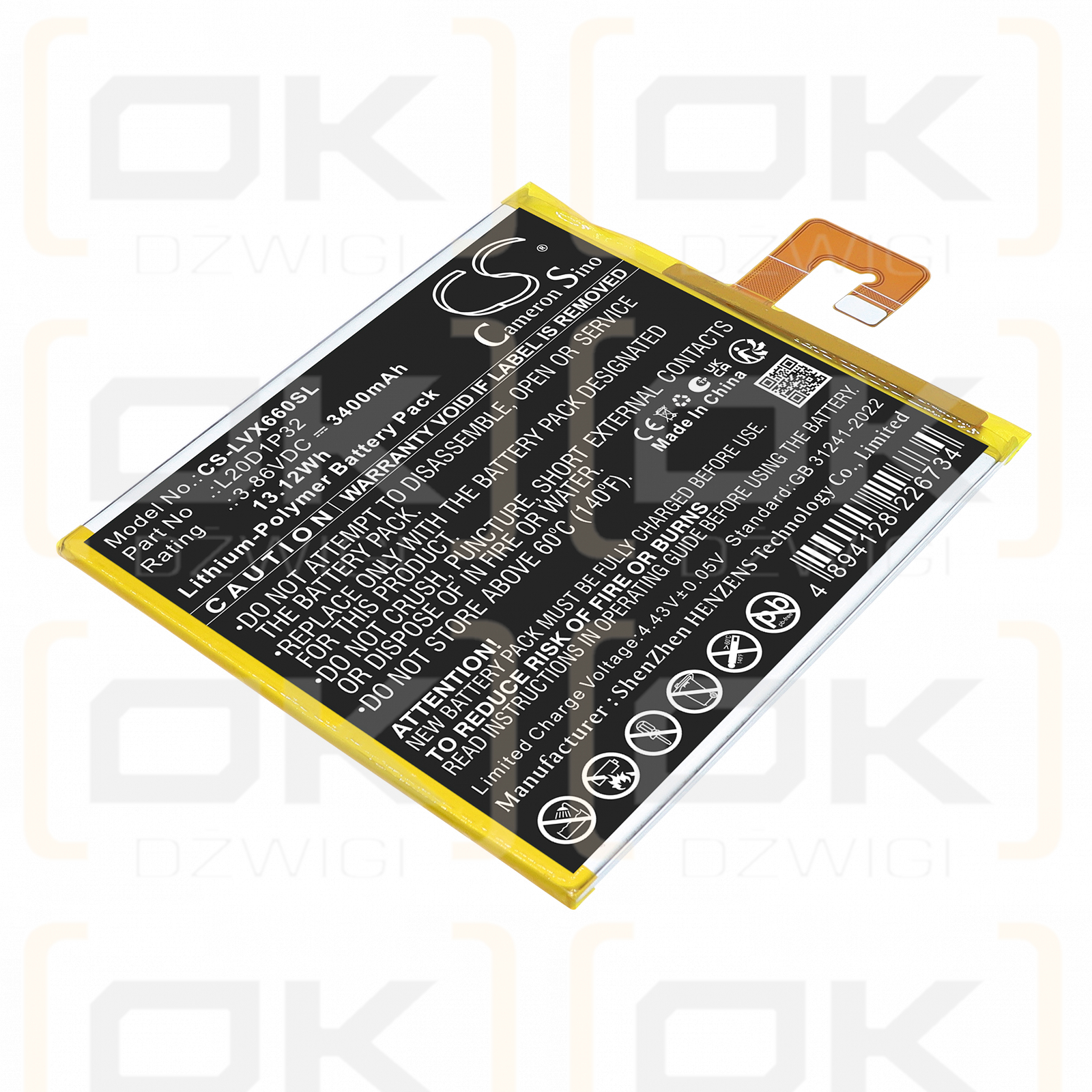 Replacement Battery for Lenovo Tab K10 / L20D1P32 3400mAh Li-Polymer 3.86V (Cameron Sino)