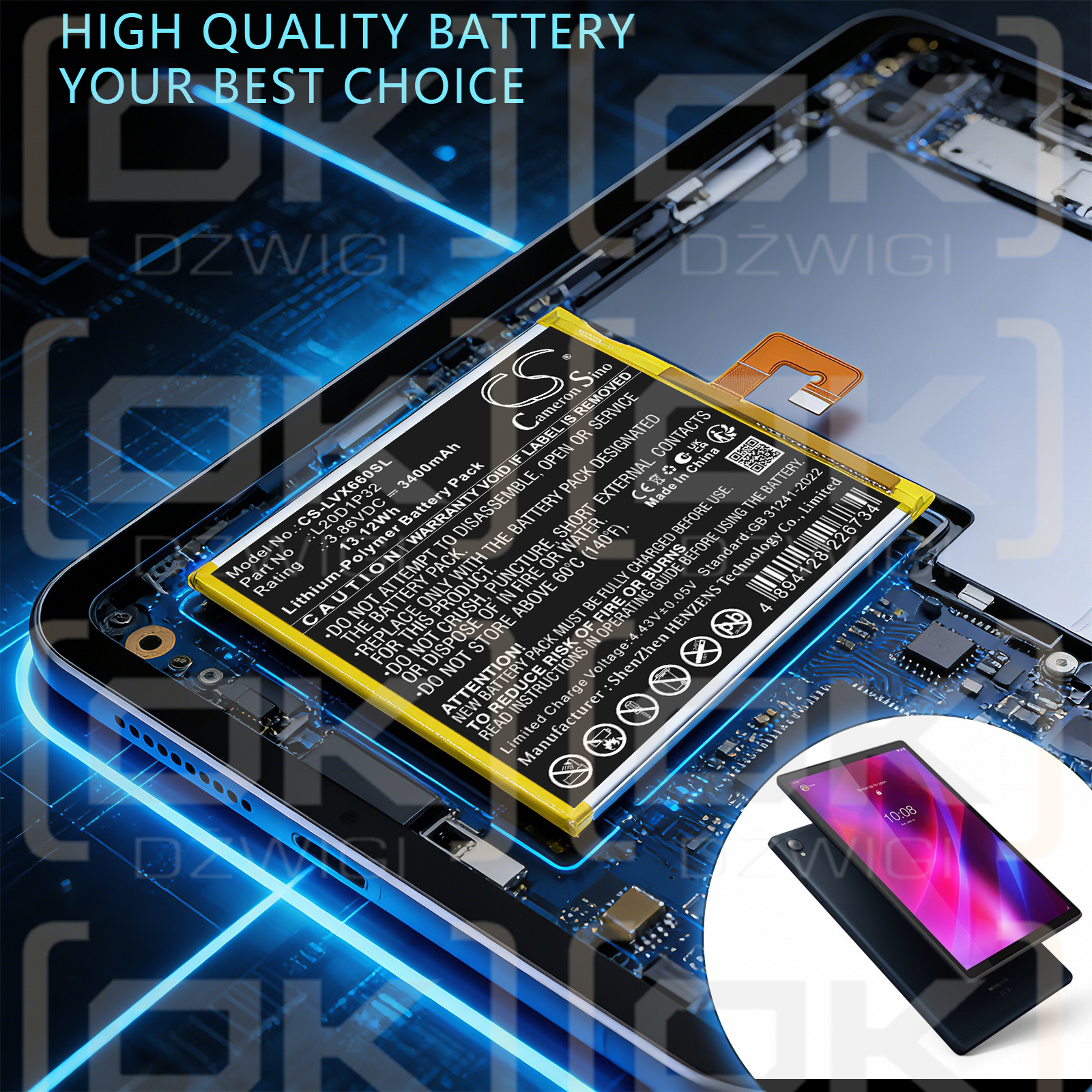 Replacement Battery for Lenovo Tab K10 / L20D1P32 3400mAh Li-Polymer 3.86V (Cameron Sino)
