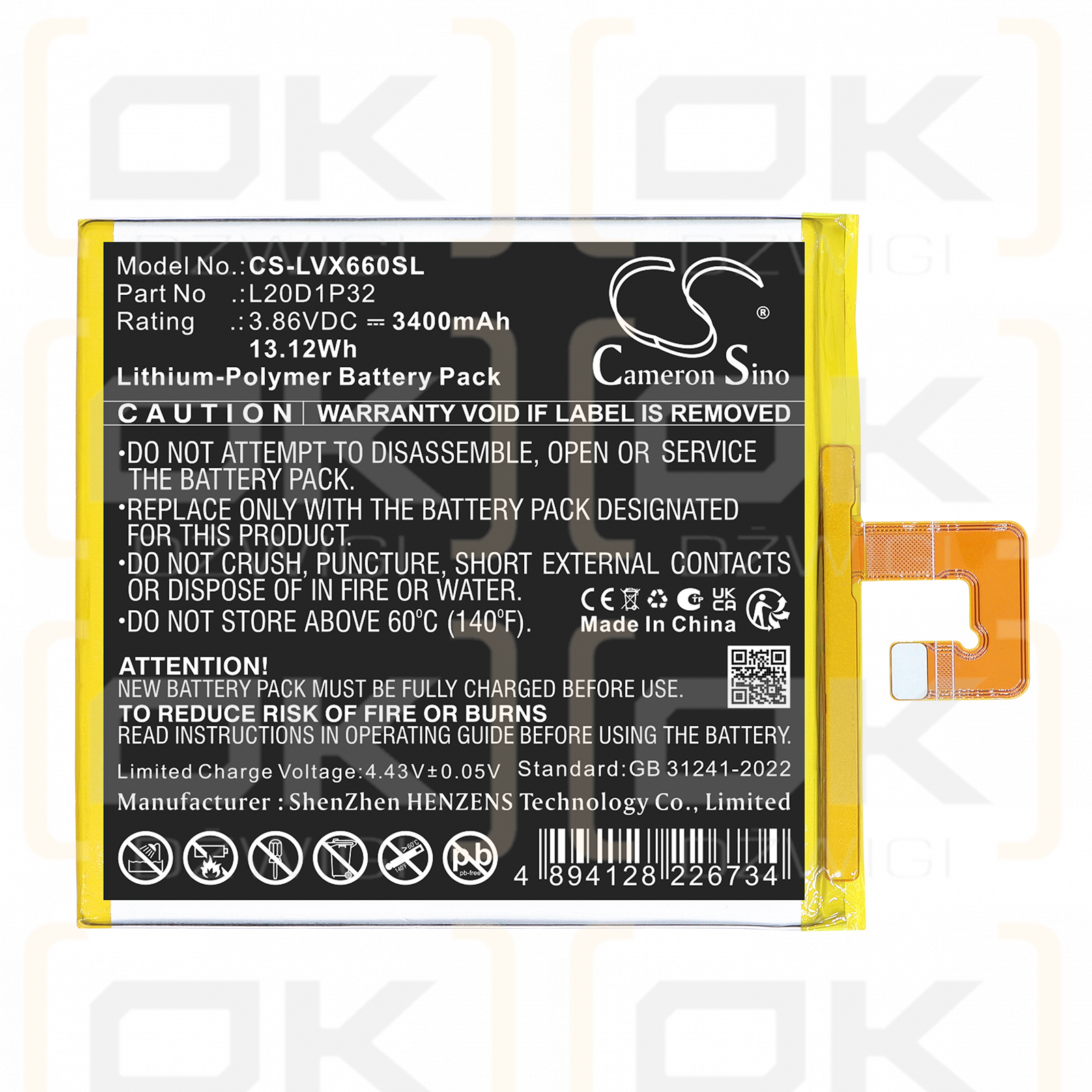 Replacement Battery for Lenovo Tab K10 / L20D1P32 3400mAh Li-Polymer 3.86V (Cameron Sino)