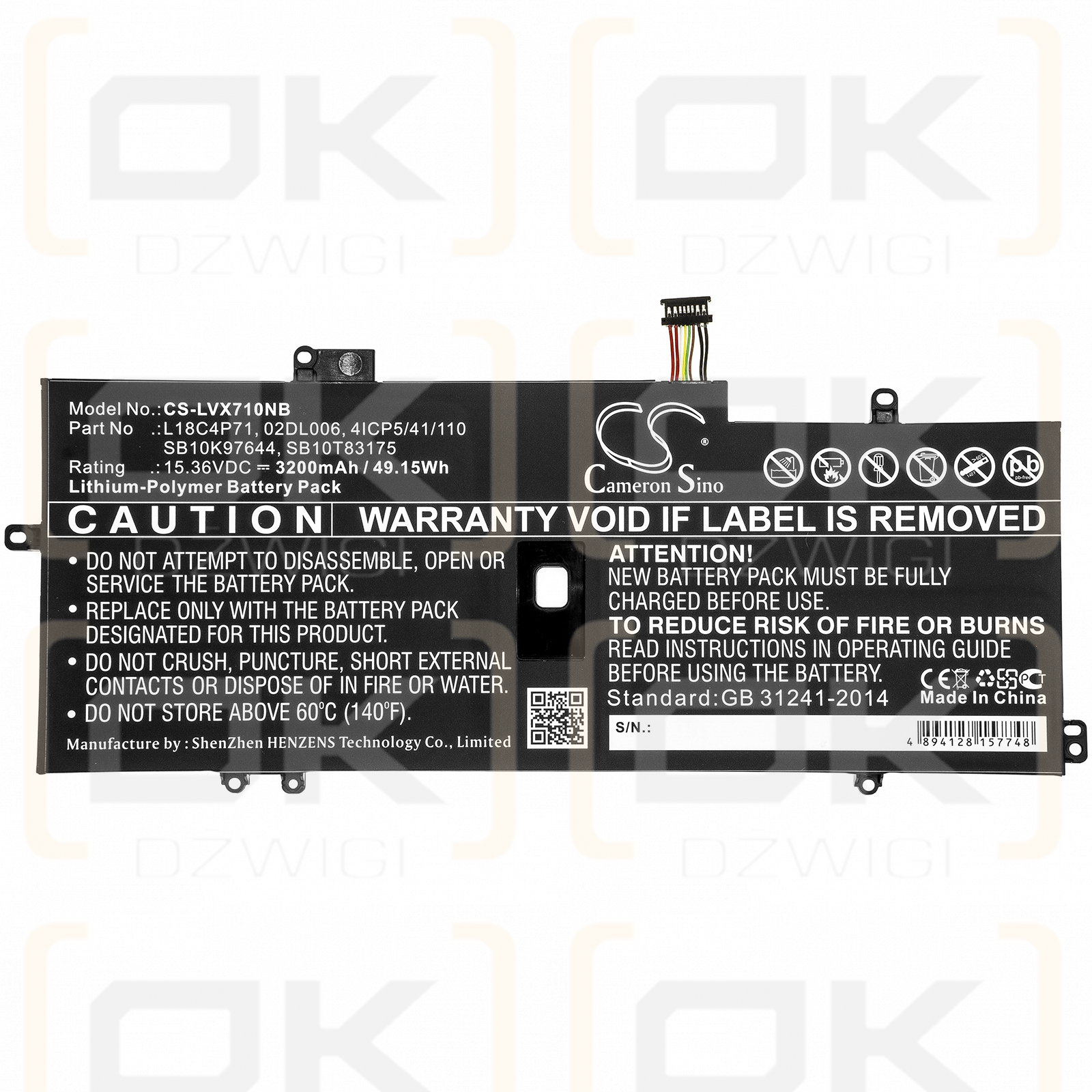 Lenovo Thinkpad X1 Yoga Gen 5-20ub0000ms / 02DL006 3200 mAh Li-Polymer 15,36 V (Cameron Sino)