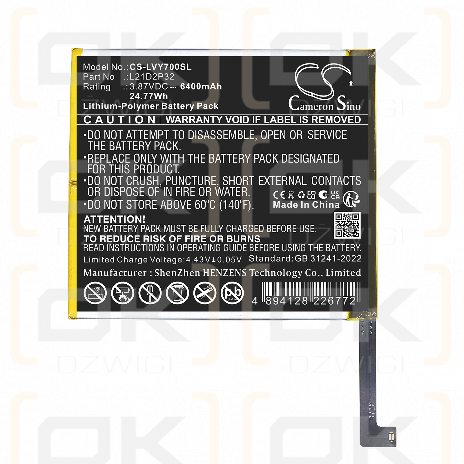 Replacement Battery for Lenovo TB-9707F / L21C2P32 6400mAh Li-Polymer 3.87V (Cameron Sino)