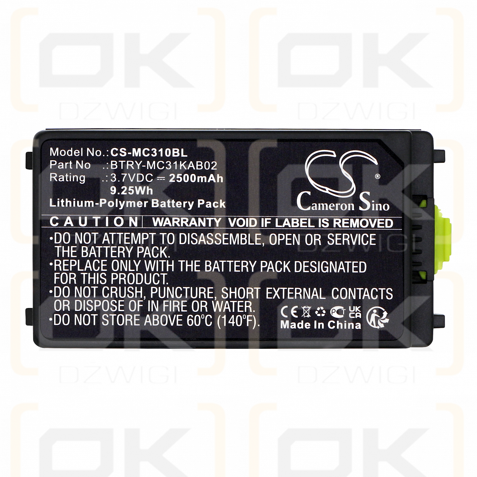 Zebra MC3190-SL4H12E0U / BTRY-MC3XKABOE 2500mAh Li-polímero 3.7V (Cameron Sino)