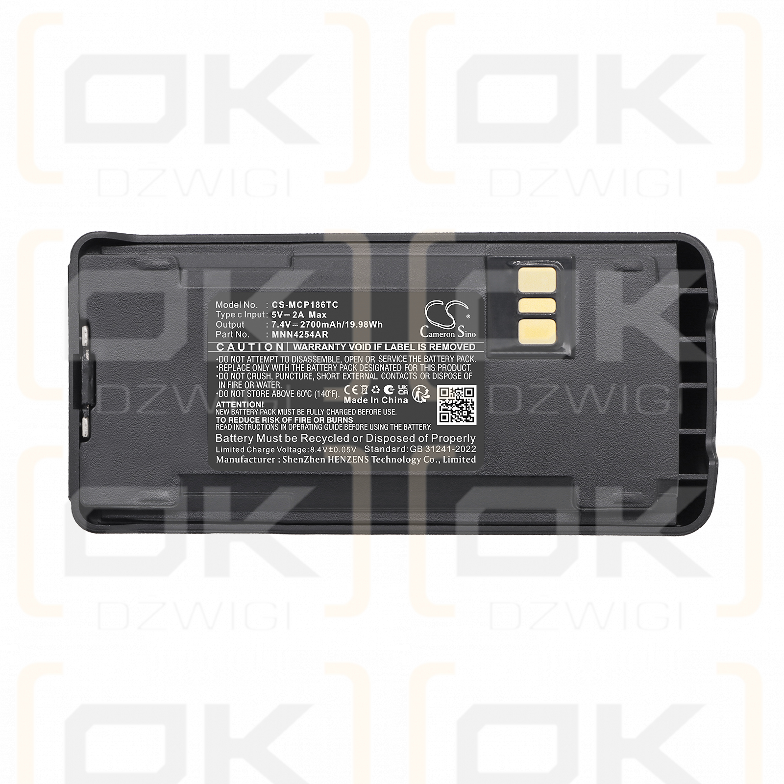 Batería de repuesto para Motorola PR400 / MNN4254AR, 2700 mAh, iones de litio, 7,4 V (Cameron Sino)