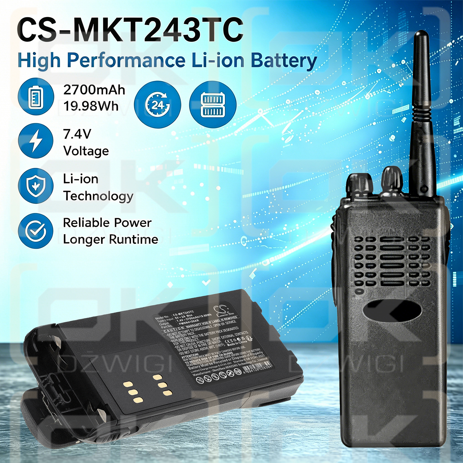 Batería de repuesto para Motorola PRO9150 / HMNN4151, 2700 mAh, iones de litio, 7,4 V (Cameron Sino)
