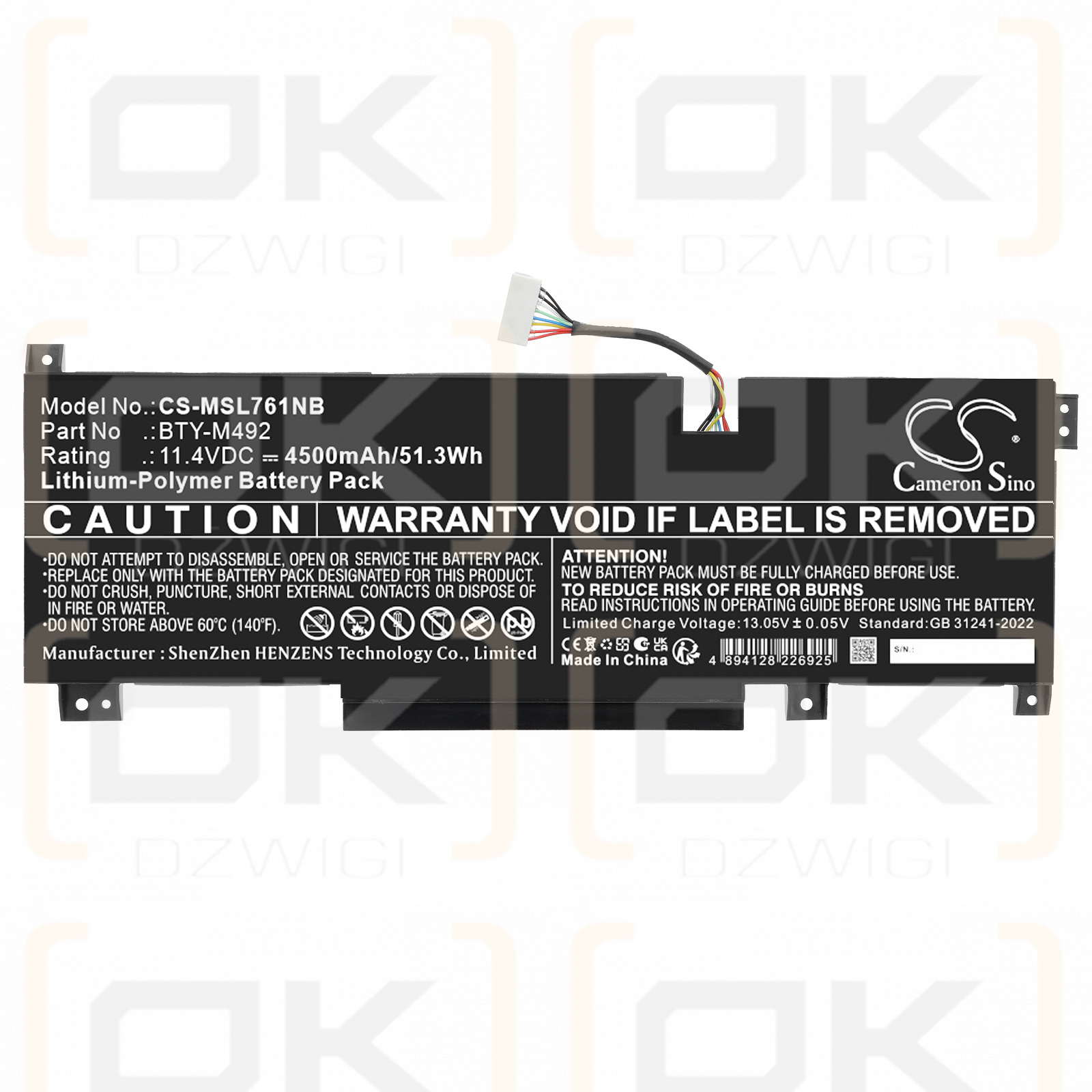 MSI WF76 11UJ-267TW / BTY-M492 4500 mAh Li-Polymer 11,4 V (Cameron Sino)