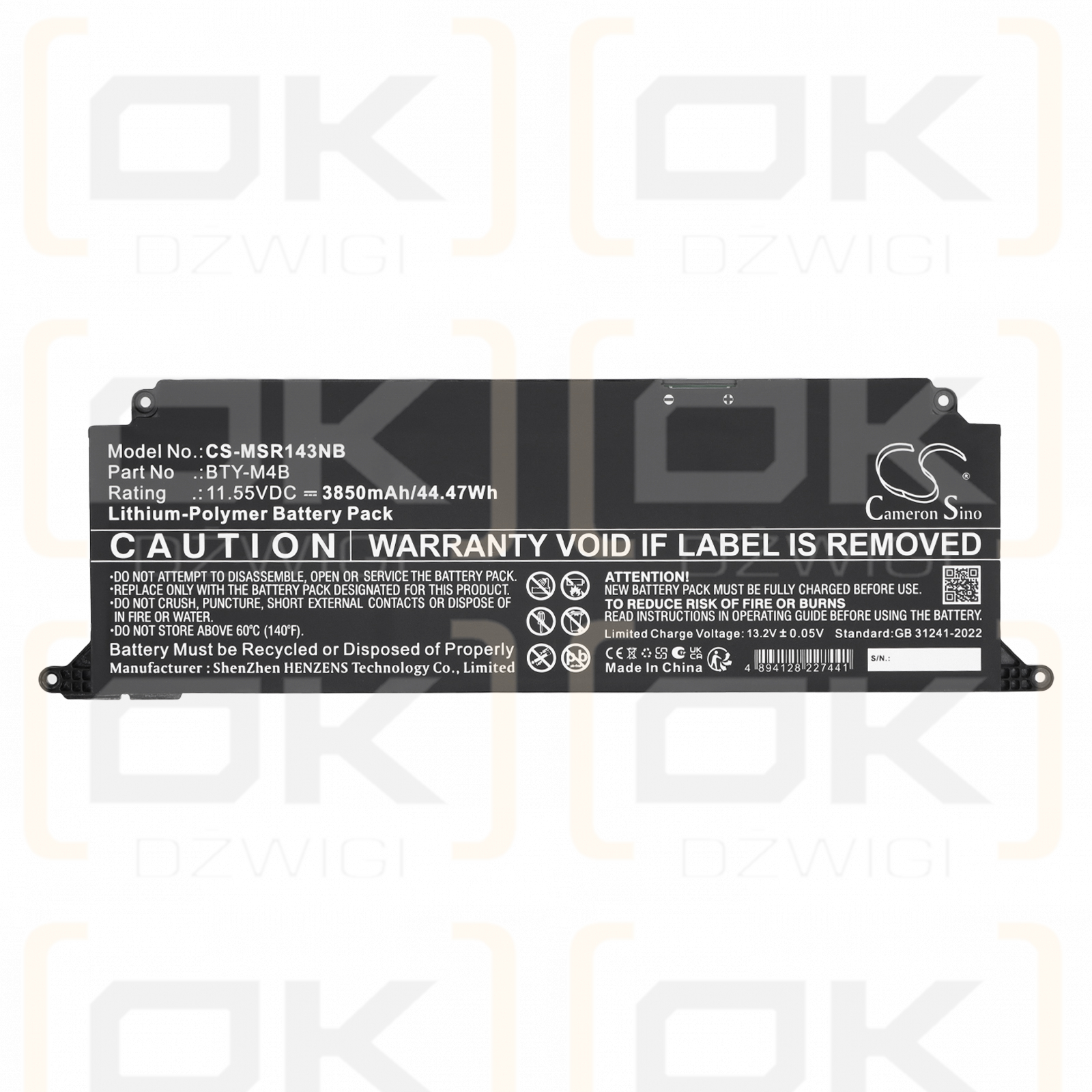 Replacement Battery for MSI Modern 14 / BTY-M4B 3850 mAh Li-Polymer 11.55 V (Cameron Sino)