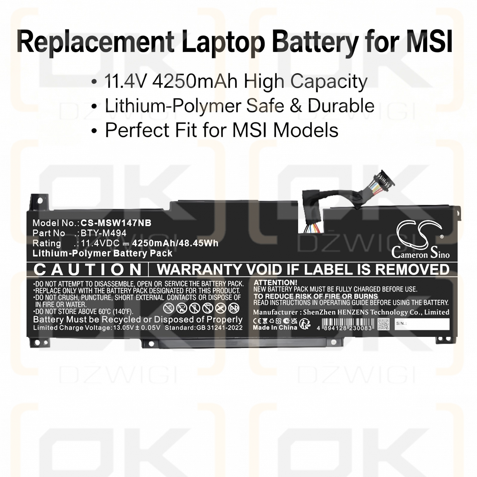 Ersatzakku für MSI Modern N 14 C12M-657MX / BTY-M494 4250mAh Li-Polymer 11,4V (Cameron Sino)