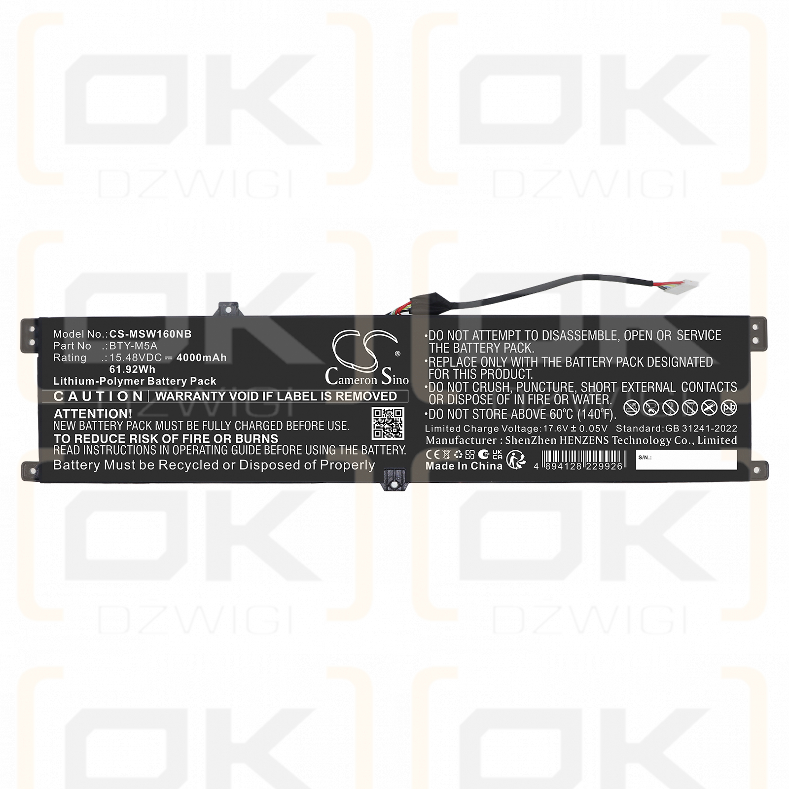 Replacement Battery for MSI Sword 16 HX B14VFKG-056UK / BTY-M5A 4000mAh Li-Polymer 15.48V (Cameron Sino)