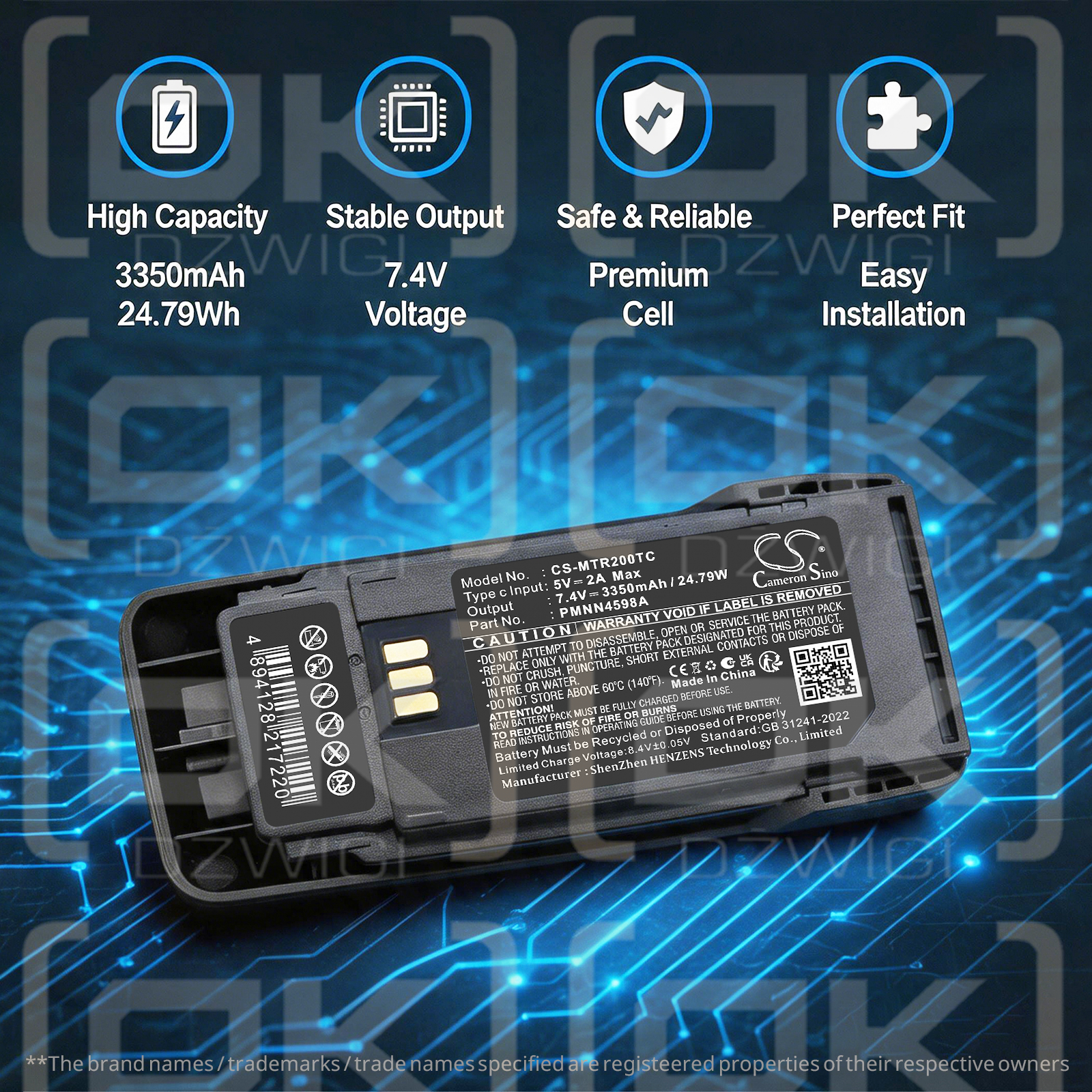 Batería de repuesto para Motorola R2 / PMNN4598A 3350 mAh Li-ion 7.4 V (Cameron Sino)
