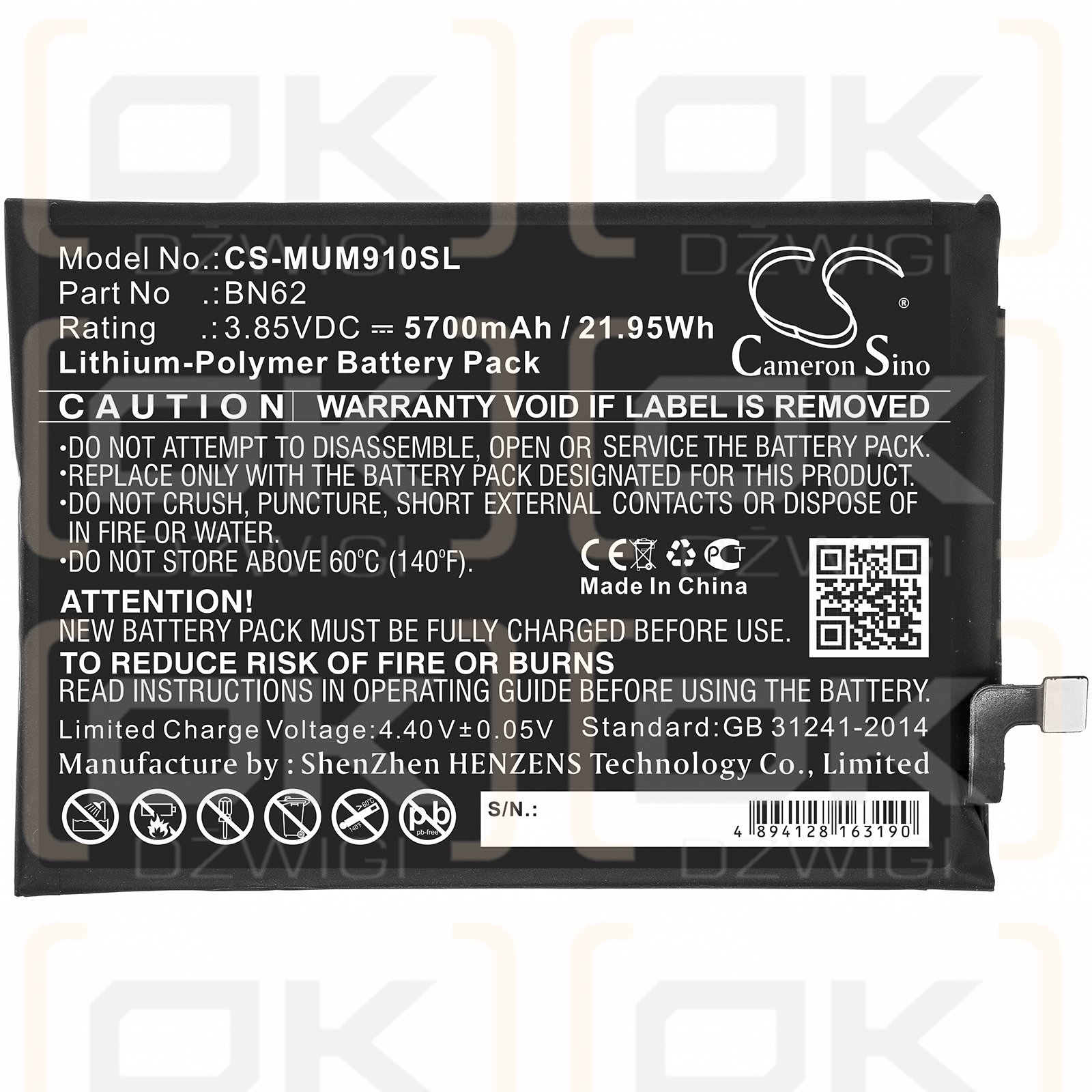 Redmi M2010J19CT / BN62 5700mAh Li-polímero 3.85V (Cameron Sino)