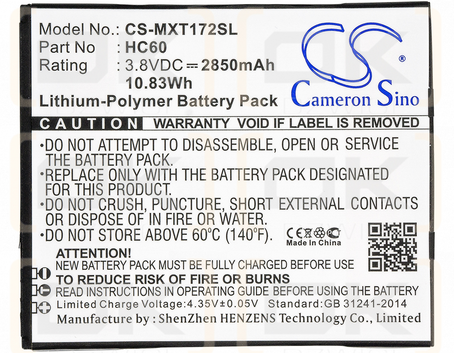 Motorola XT1725 / HC60 2850mAh Li-Polymer 3.8V (Cameron Sino)