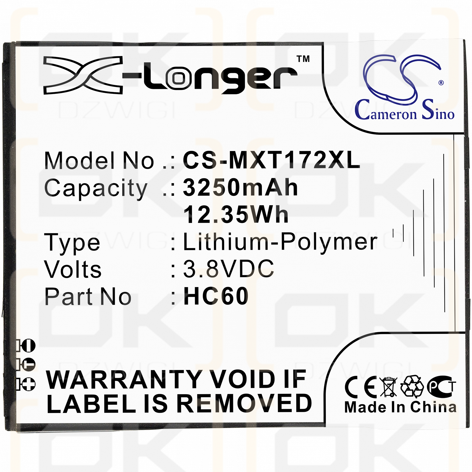 Motorola XT1725 / HC60 3250mAh Li-Polymer 3.8V (Cameron Sino)