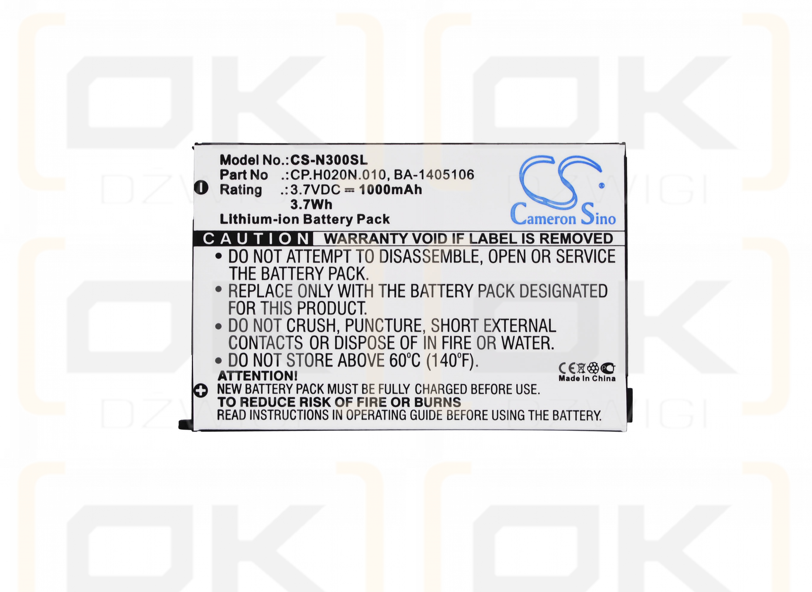 Replacement Battery for Acer JUNO ST / CP.H020N.010 1000 mAh Li-ion 3.7 V (Cameron Sino)