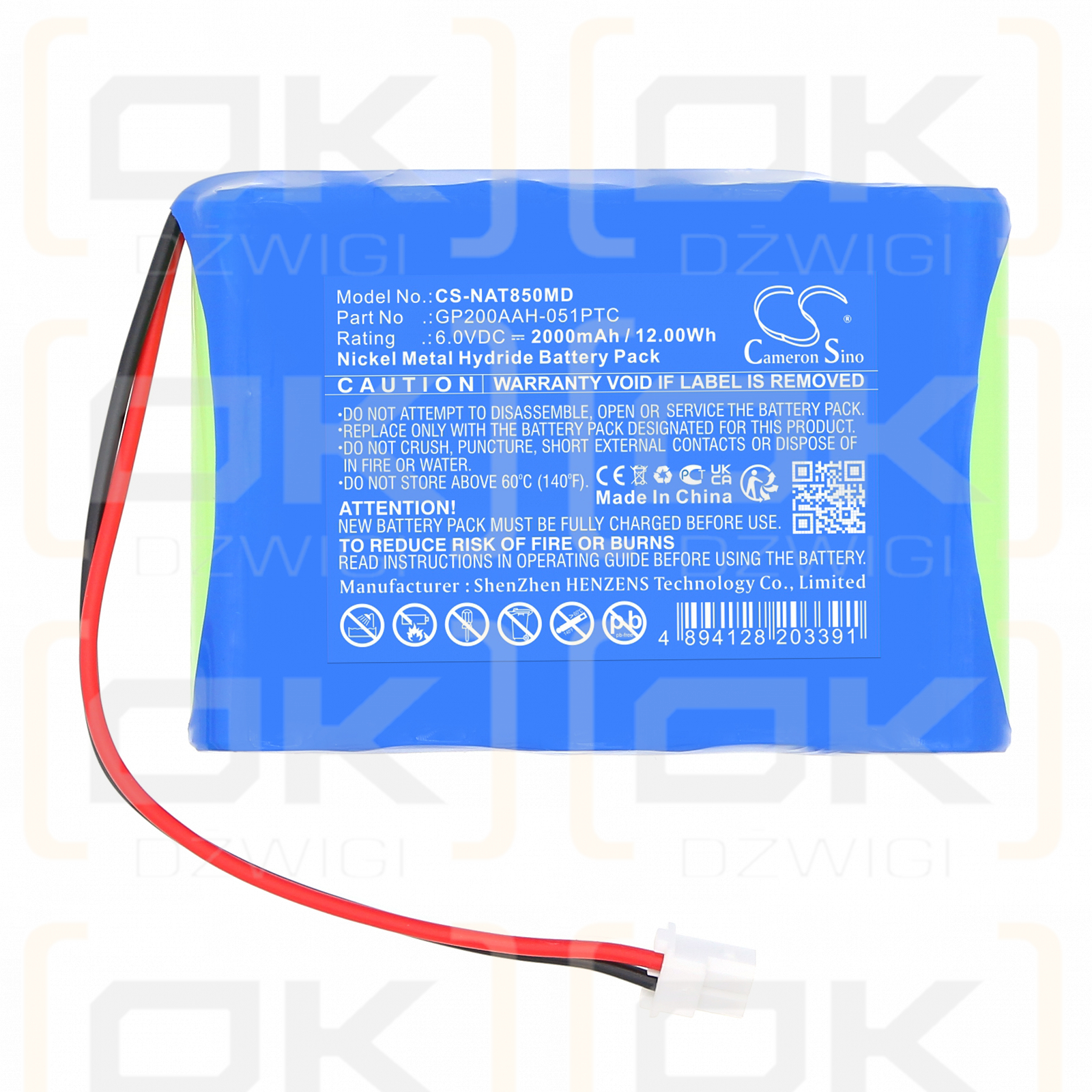 NONIN 8500 / GP200AAH-051PTC 2000 mAh Ni-MH 6 V (Cameron Sino)