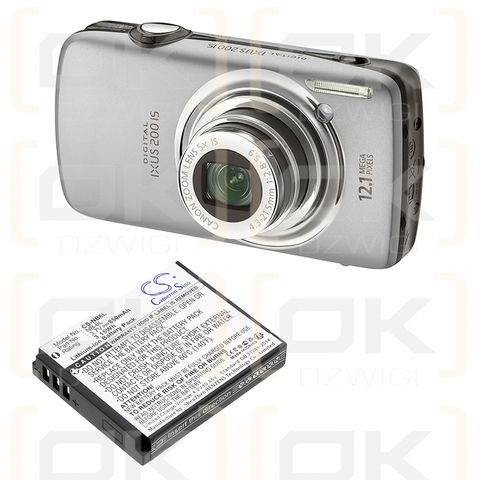 Canon PowerShot S200 PC2007 / NB-6L 850mAh Li-ion 3.7V (Cameron Sino)