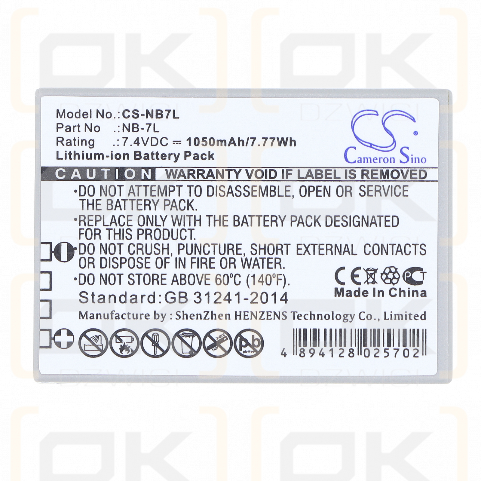 Аккумулятор Canon PowerShot G12 / NB-7L 1050 мАч Li-ion 7,4 В (Cameron Sino)