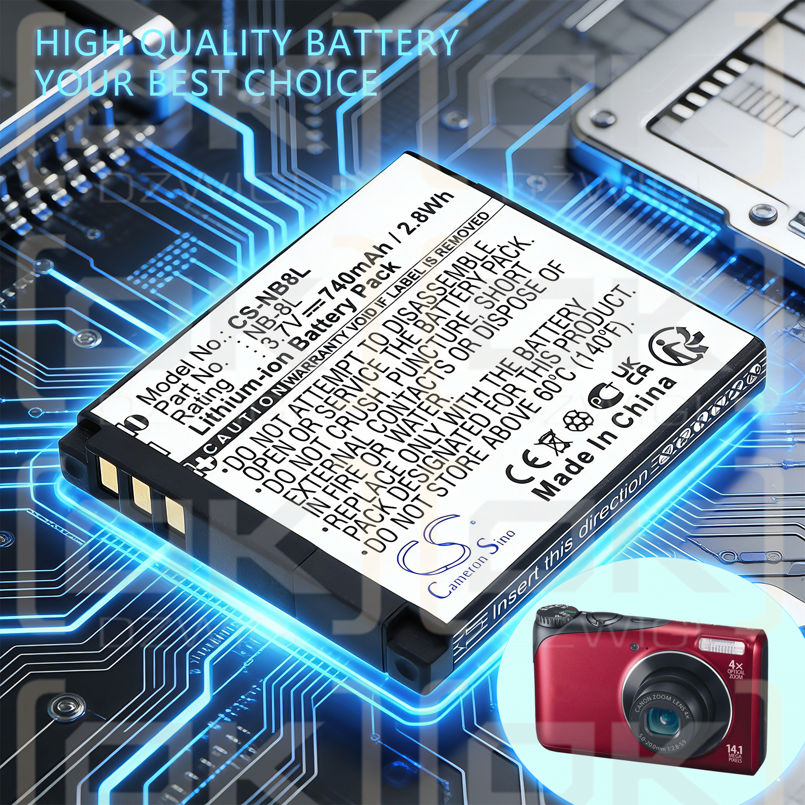 Replacement battery for Canon Li-ion 740mAh (Cameron Sino)