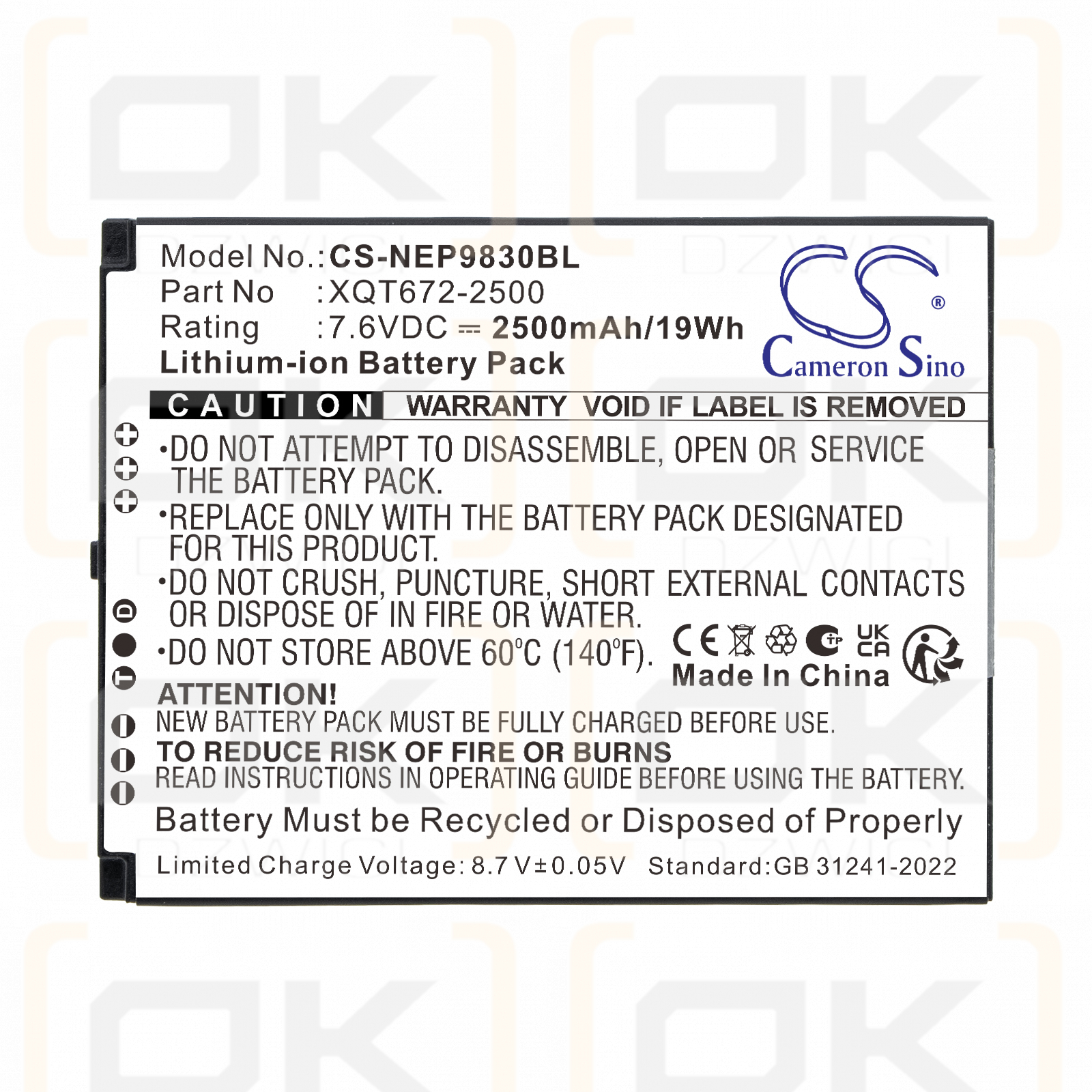 Ersatzakku für NEWPOS NEW9830 / XQT672-2500 2500mAh Li-Ion 7,6V (Cameron Sino)