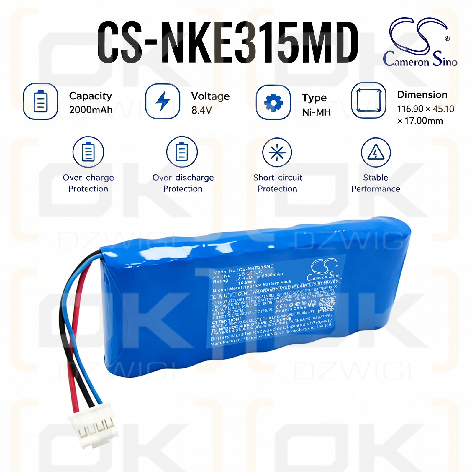 Batería de repuesto para Nihon Kohden ECG-3150 Cardiofax C / SB-301DC 2000 mAh Ni-MH 8.4 V (Cameron Sino)