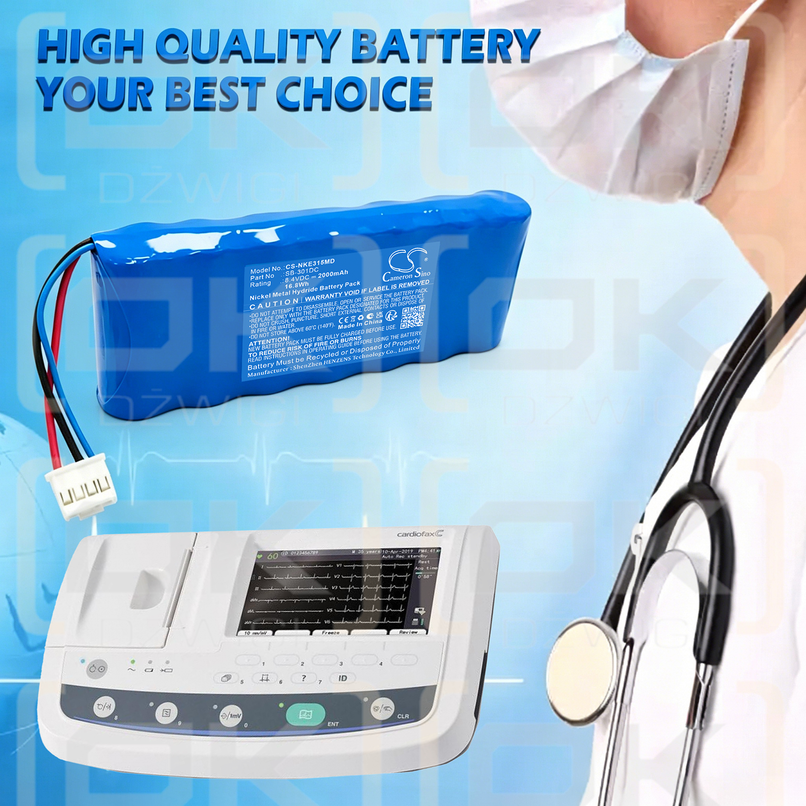Batería de repuesto para Nihon Kohden ECG-3150 Cardiofax C / SB-301DC 2000 mAh Ni-MH 8.4 V (Cameron Sino)