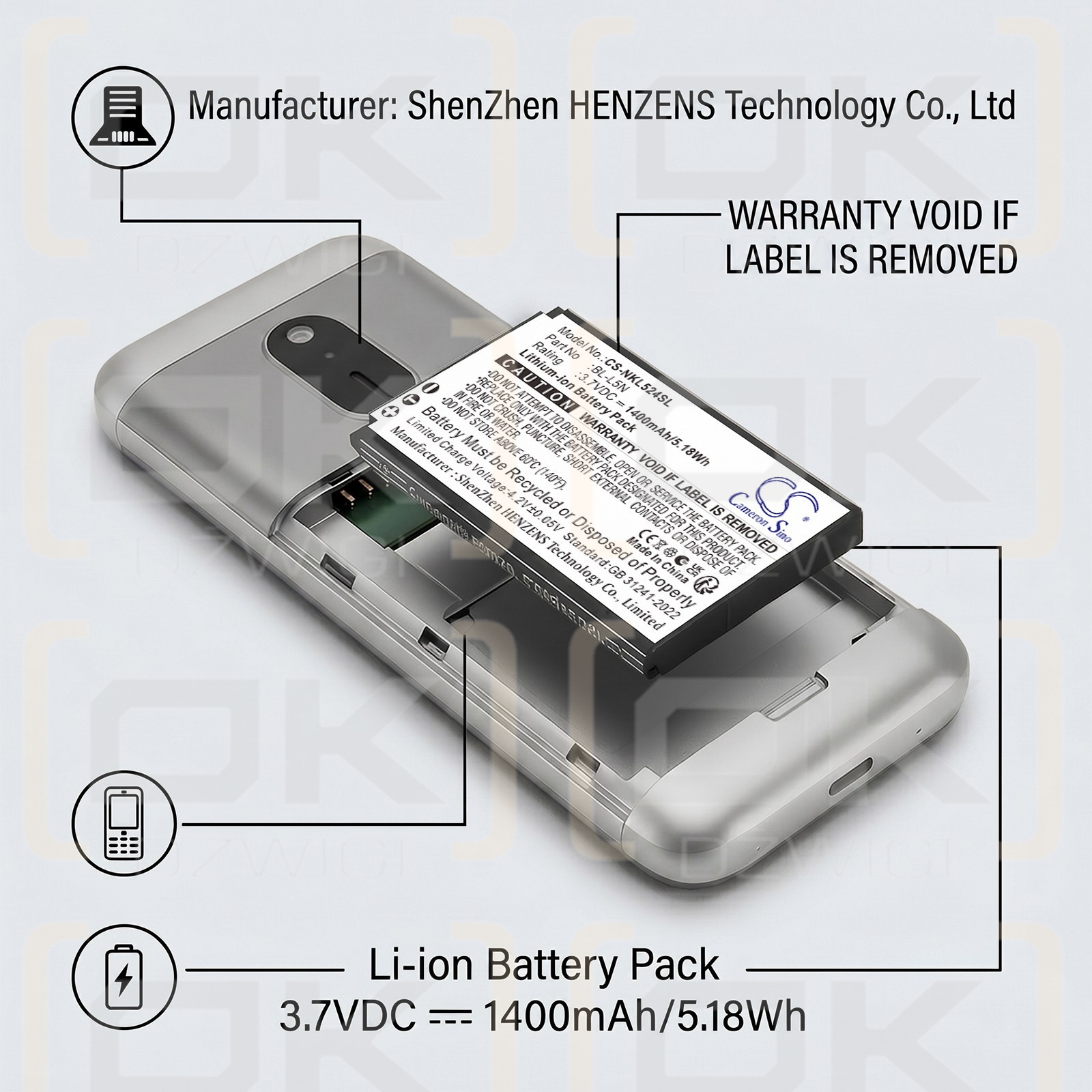 Bateria zamienna do Nokia 230 2024 / BL-L5N 1400 mAh Li-ion 3.7 V (Cameron Sino)