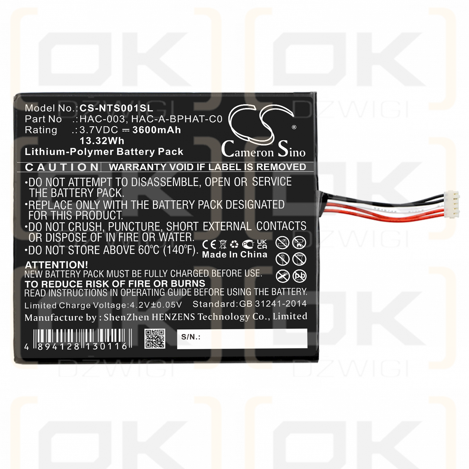 Nintendo HAC-S-JP/EU-C0 / HAC-003 3600 mAh Li-Polymer 3,7 V (Cameron Sino)