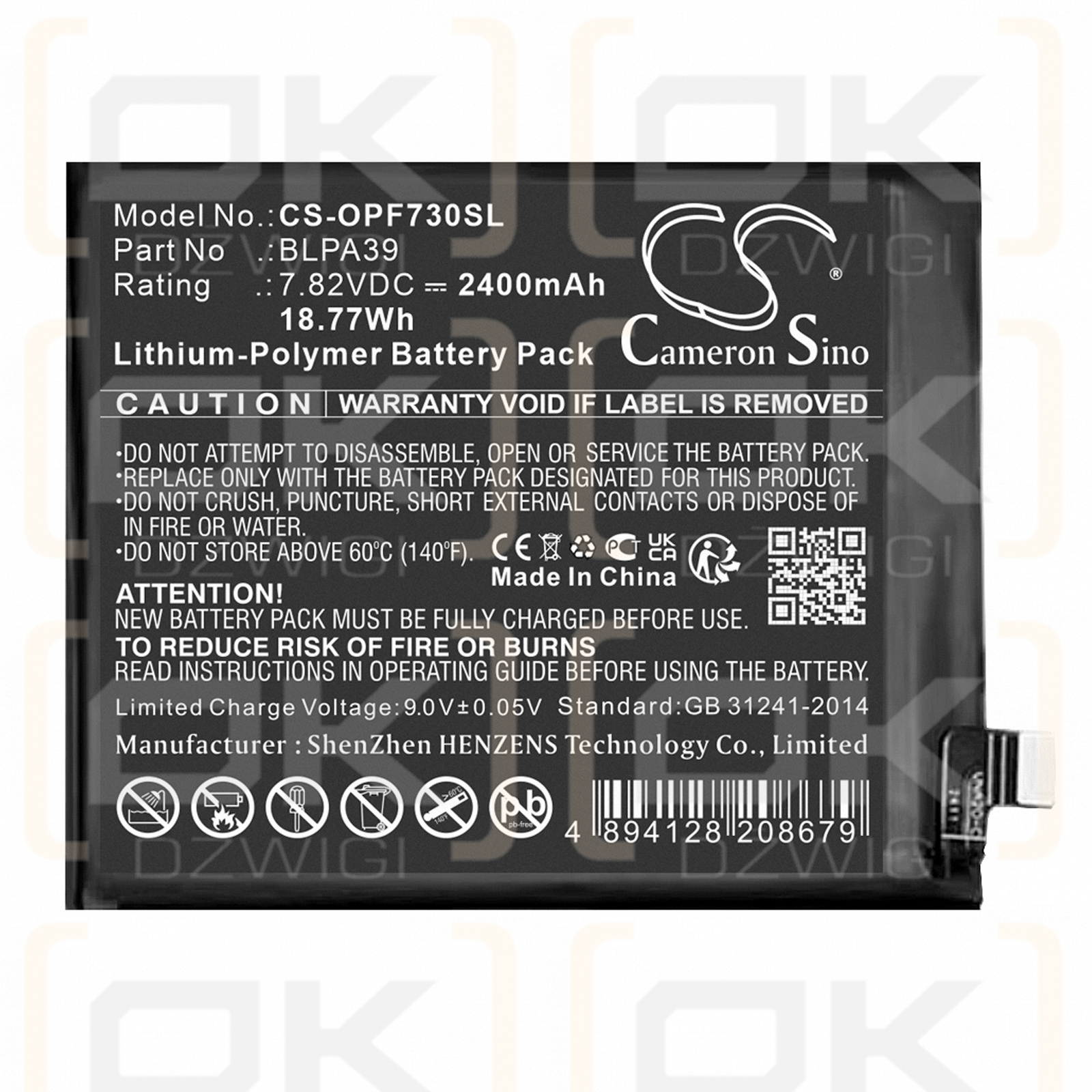 OPPO PHZ110 / BLPA39 2400 mAh Li-Polymer 7,82 V (Cameron Sino)