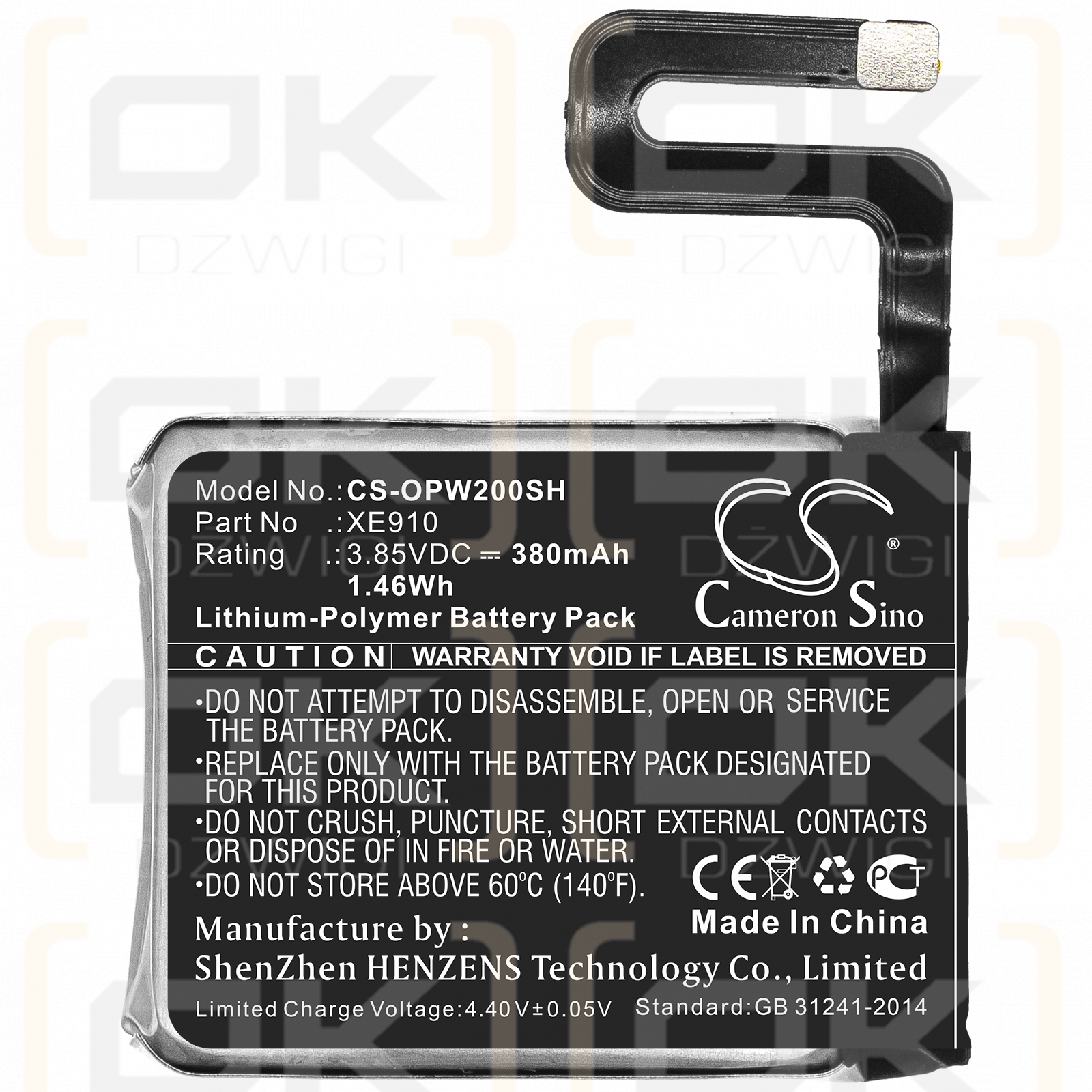 Reloj OPPO 46 mm / XE910 380 mAh Li-polímero 3,85 V (Cameron Sino)