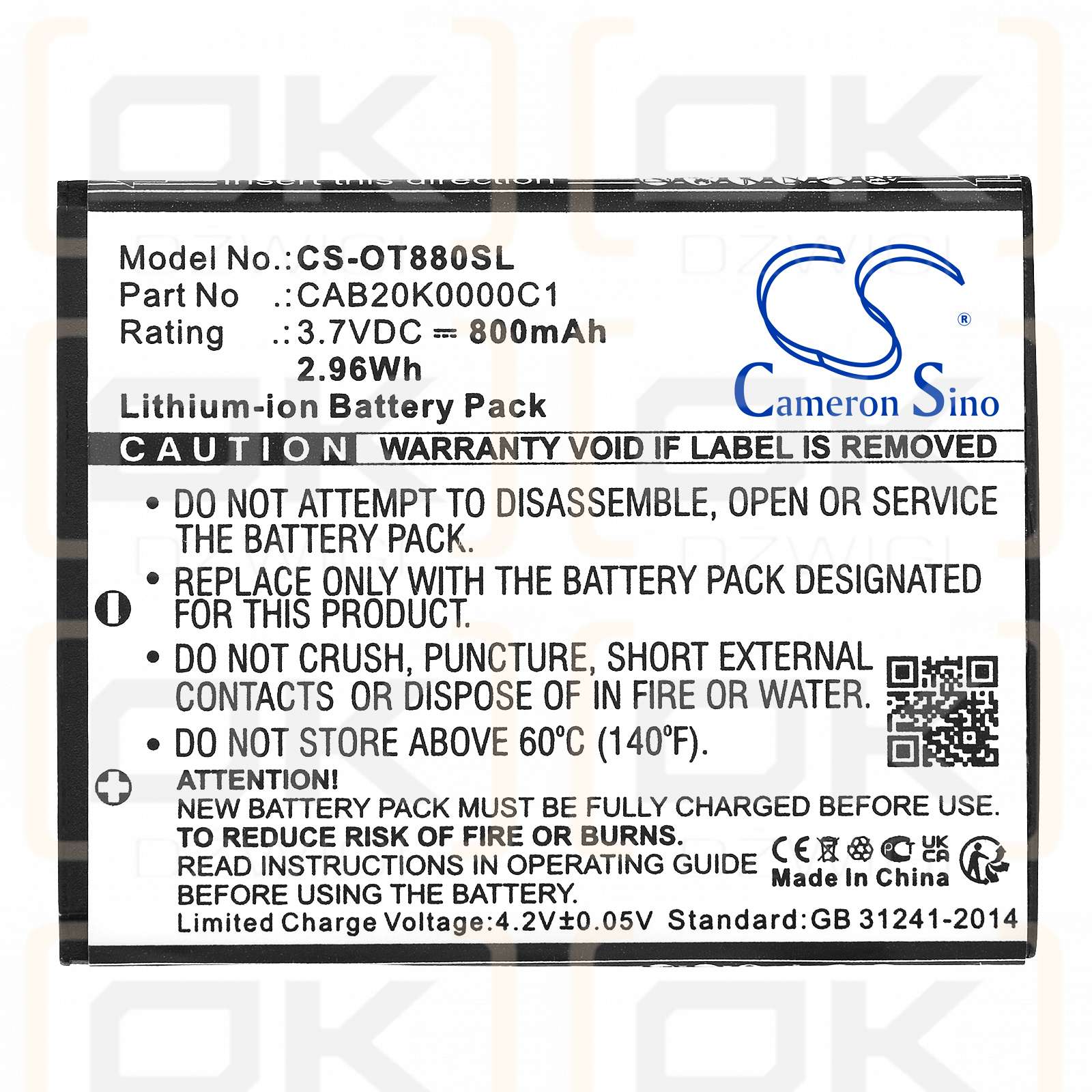 T-Mobile One Touch 875T / CAB3120000C1 800 mAh Li-Ion 3,7 V (Cameron Sino)