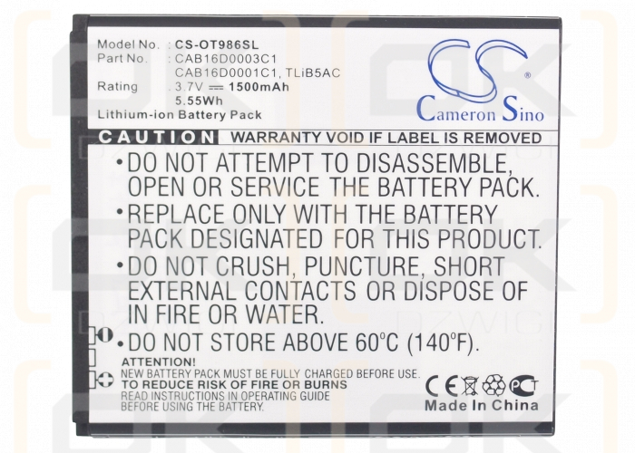 Alcatel OT-986+ / CAB16D0003C1 1500 mAh Li-Ion 3,7 V (Cameron Sino)