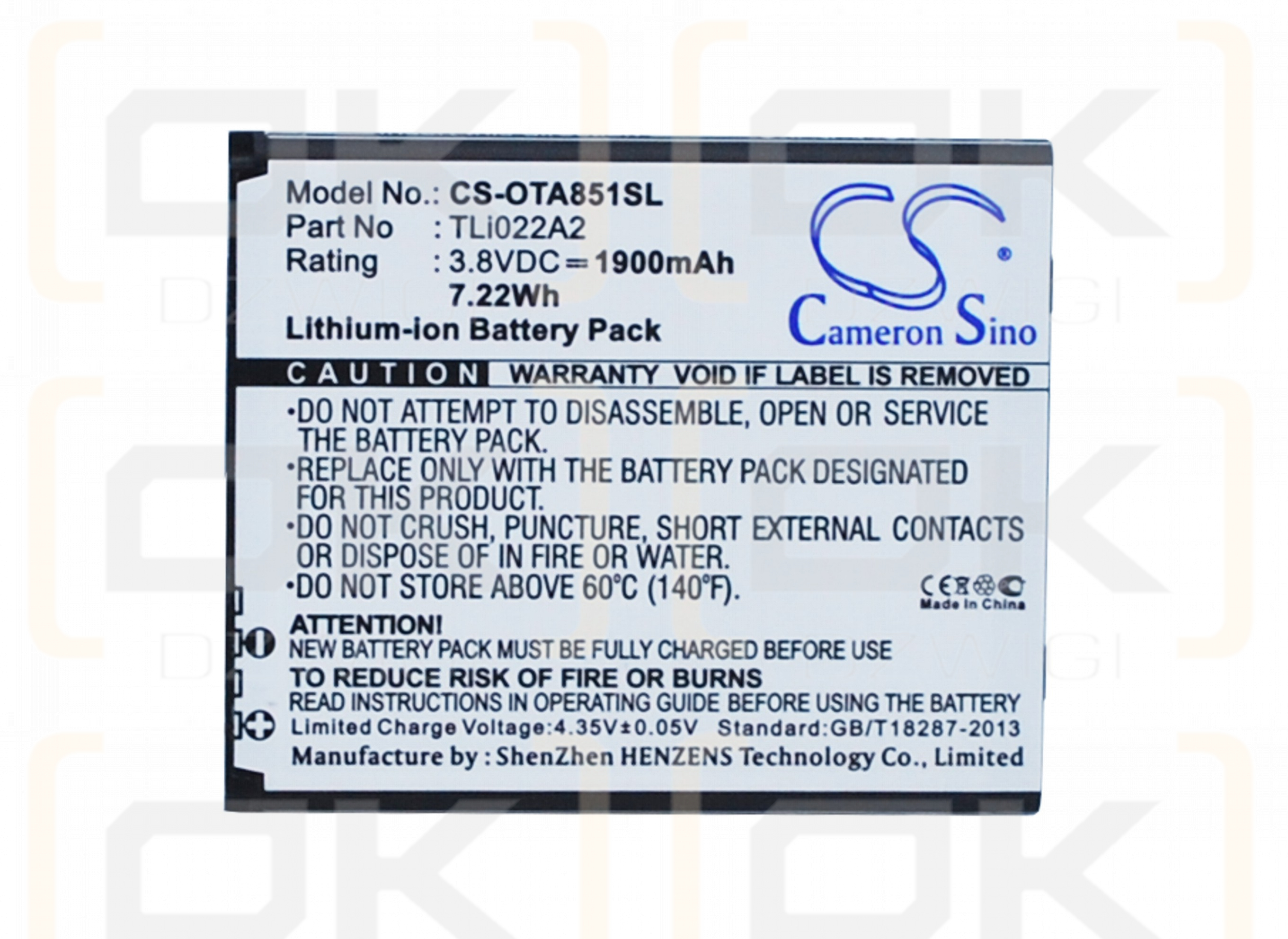 Alcatel OT-A851L / TLi022A2 1900 mAh Li-Ion 3,8 V (Cameron Sino)