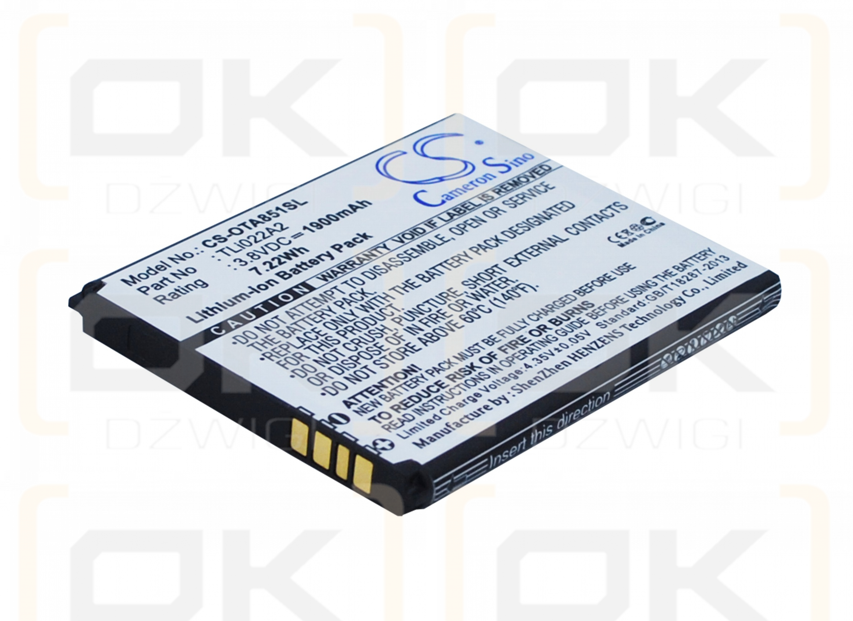 Alcatel OT-A851L / TLi022A2 1900 mAh Li-Ion 3,8 V (Cameron Sino)