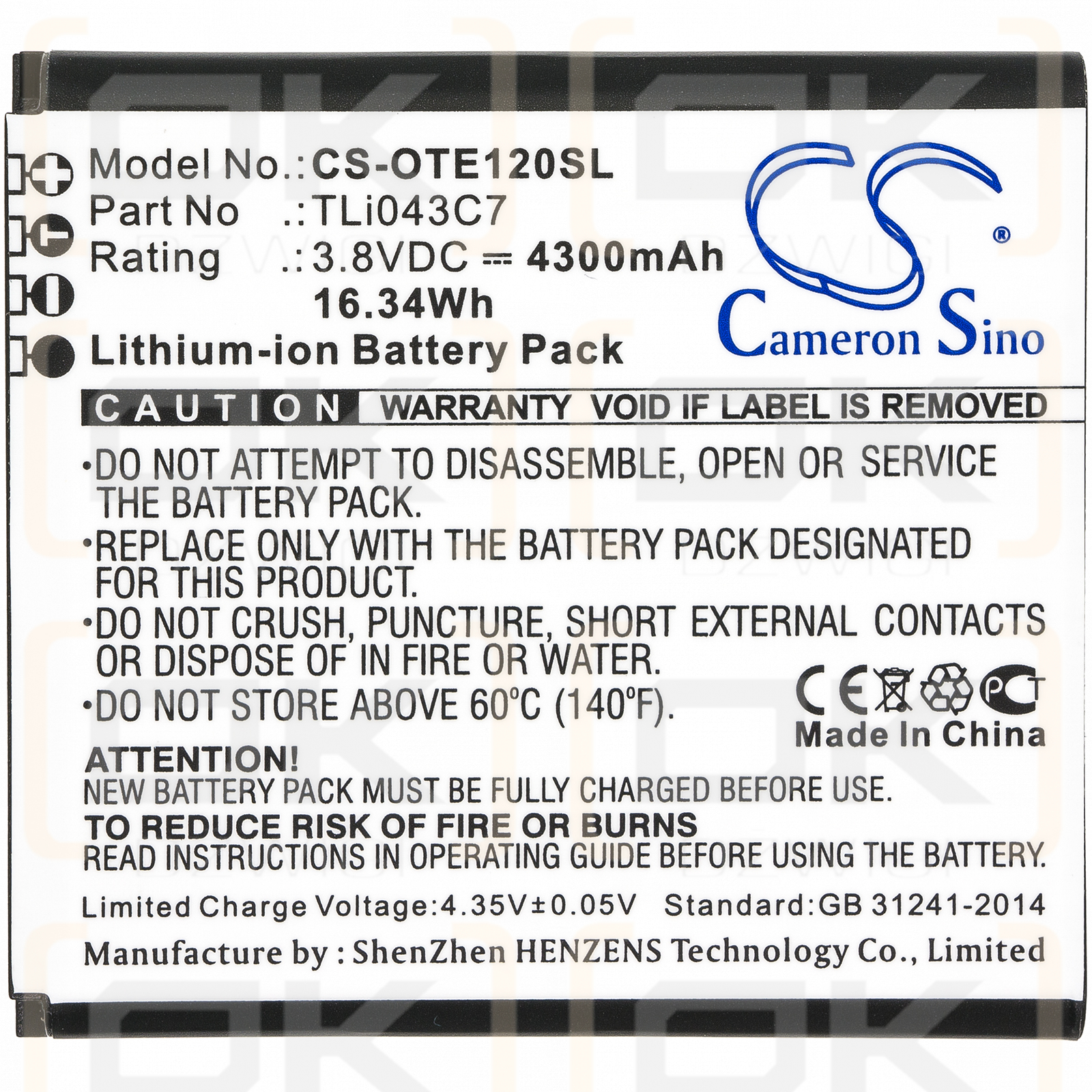 Alcatel EE120 / TLi043C7 4300mAh Li-ion 3.8V (Cameron Sino)