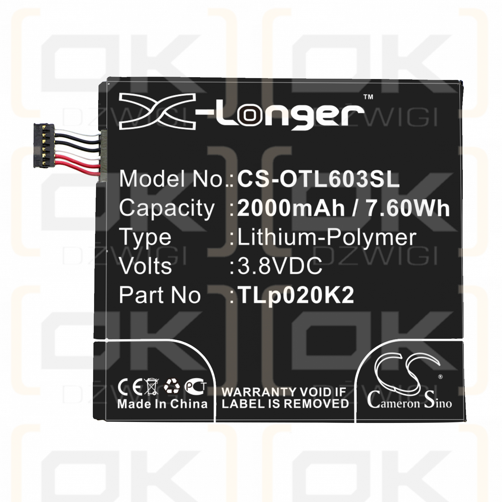 Alcatel OT-6039Y / TLp020K2 2000 mAh Li-Polymer 3,8 V (Cameron Sino)