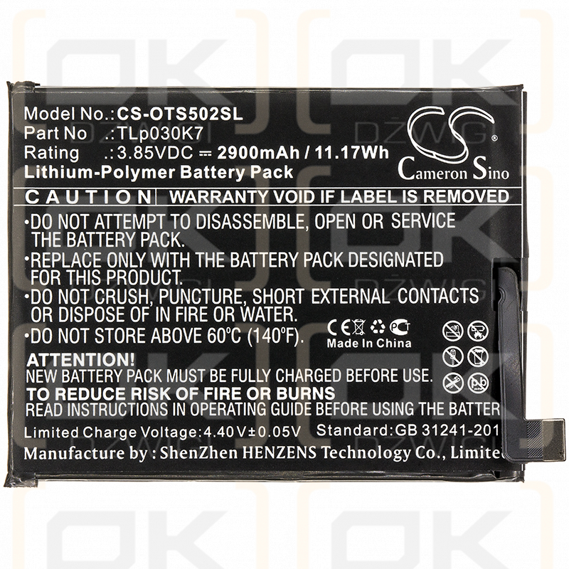 Alcatel OT-5024D / TLp030K7 2900mAh Li-Polymer 3.85V (Cameron Sino)