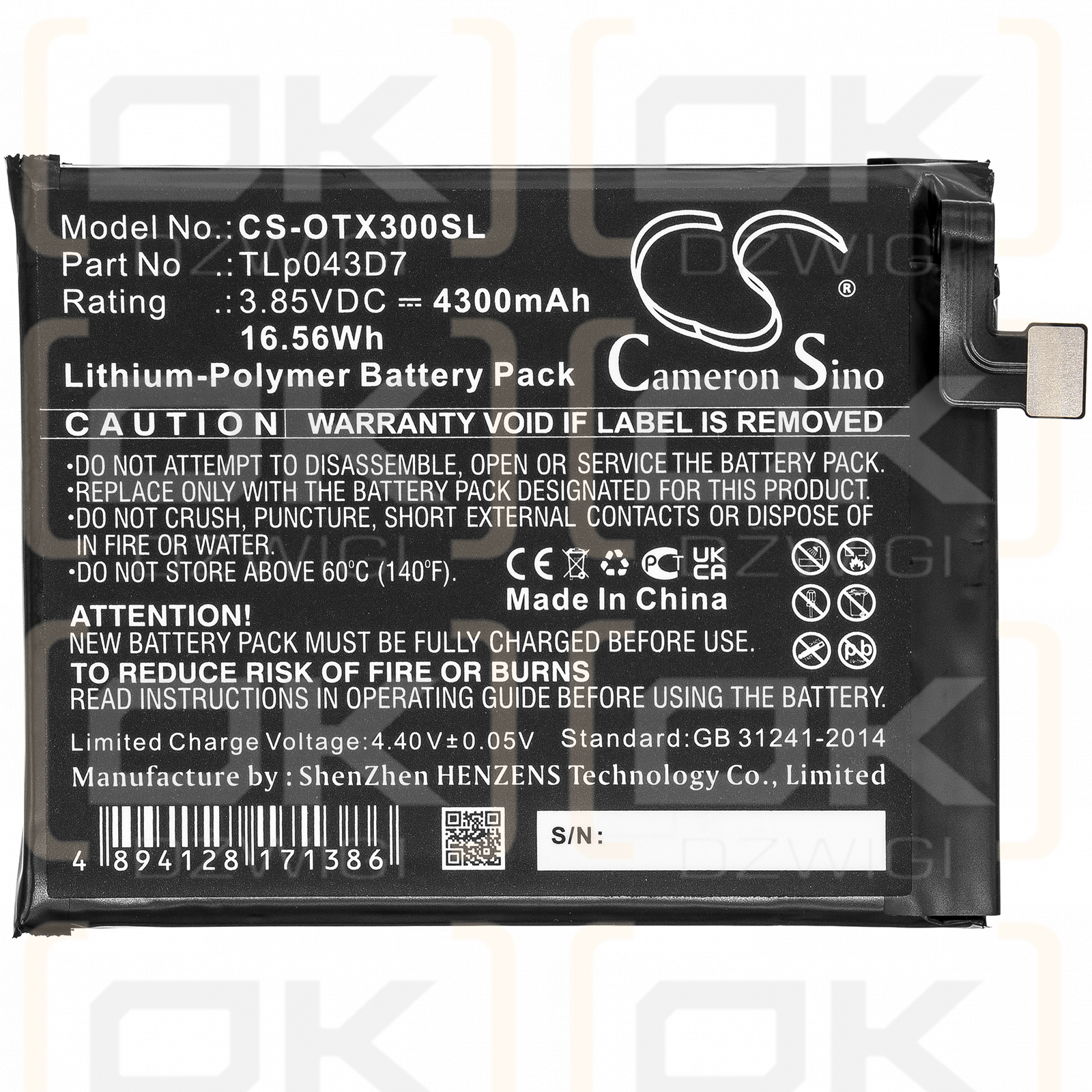 Alcatel OT-5061U / TLp043D7 4300 mAh Li-Polymer 3,85 V (Cameron Sino)