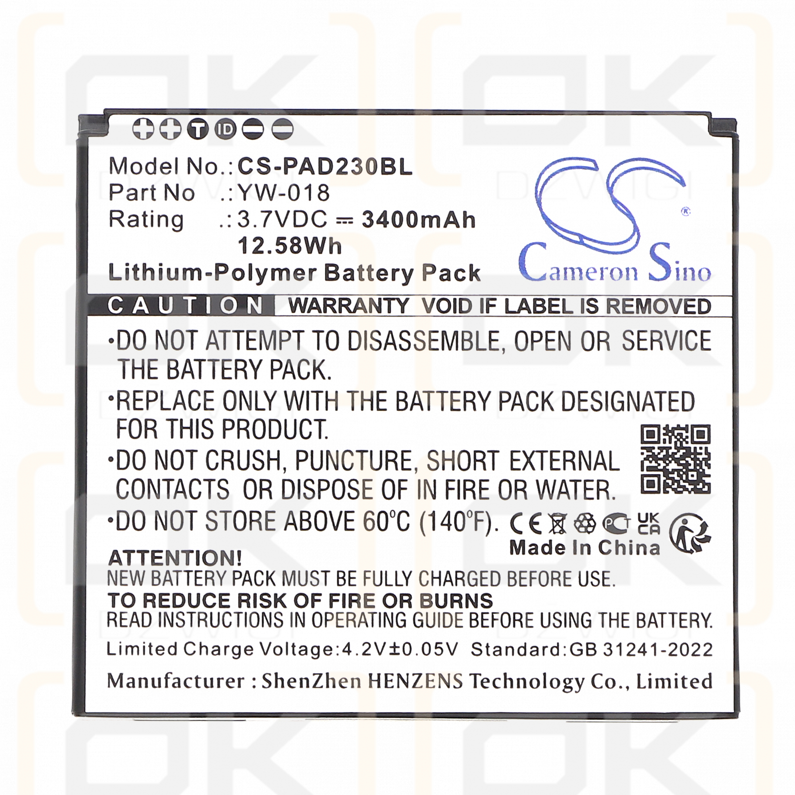 Pax D230 / YW-018 3400mAh Li-Polymer 3.7V (Cameron Sino)