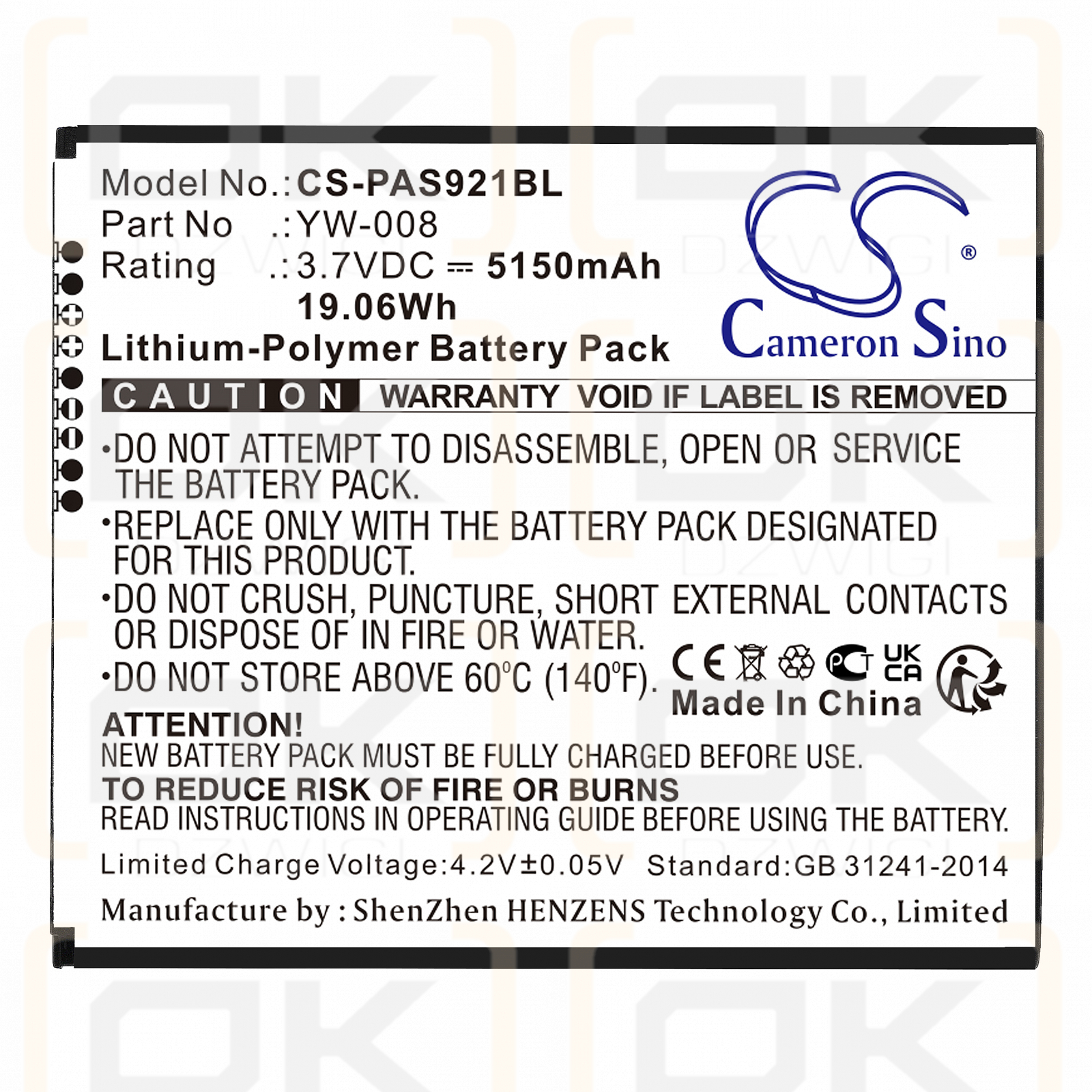 Pax A920 Pro / YW-008 5150mAh Li-Polímero 3.7V (Cameron Sino)