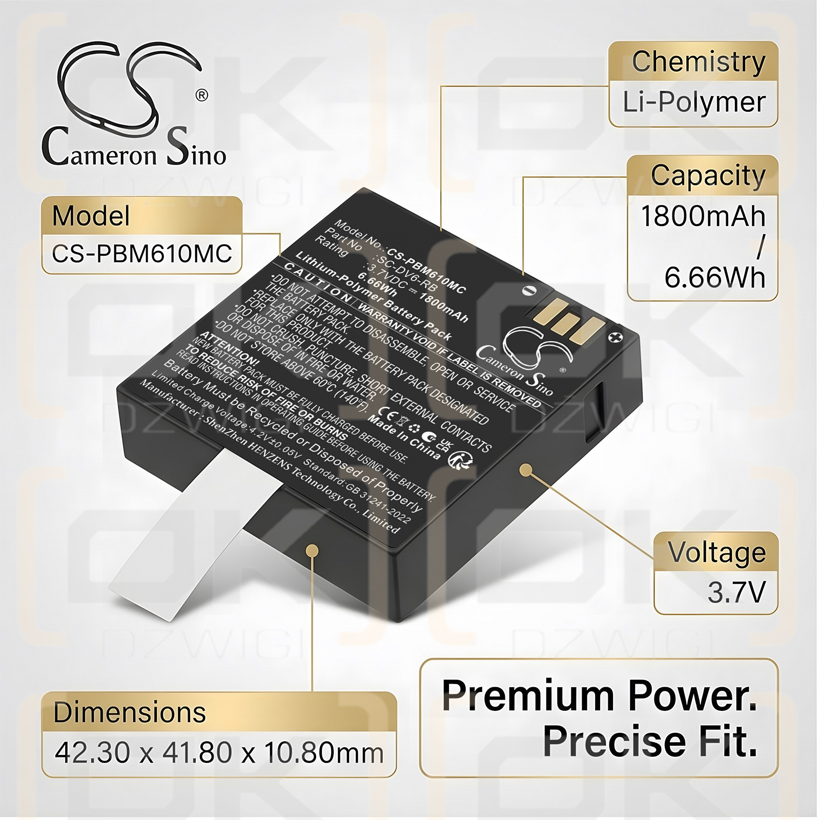 Bateria zamienna do PatrolEyes HD DV6-RB / SC-DV6-RB 1800 mAh Li-Polymer 3.7 V (Cameron Sino)