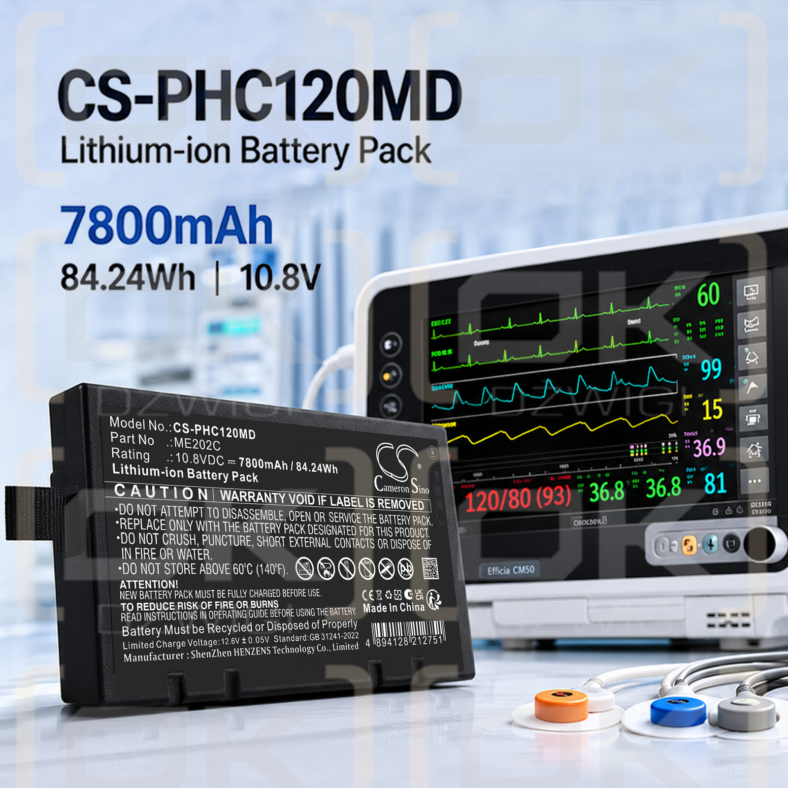Batería de repuesto para Philips Efficia CM12 / ME202C, 7800 mAh, iones de litio, 10,8 V (Cameron Sino)