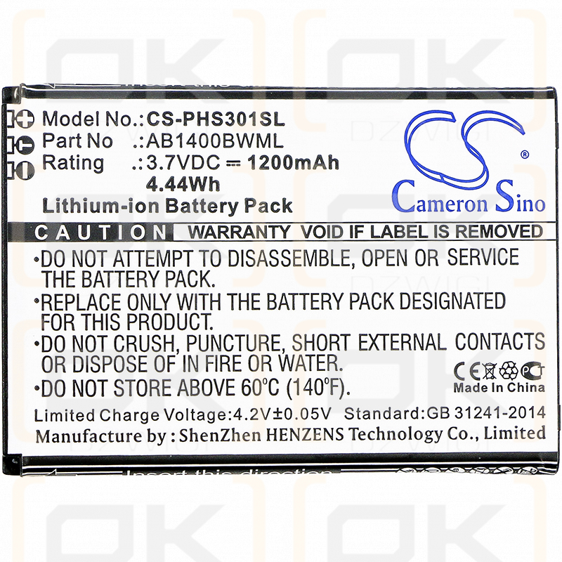 Philips Xenium S308 / AB1400BWML 1200 mAh Li-Ion 3,7 V (Cameron Sino)