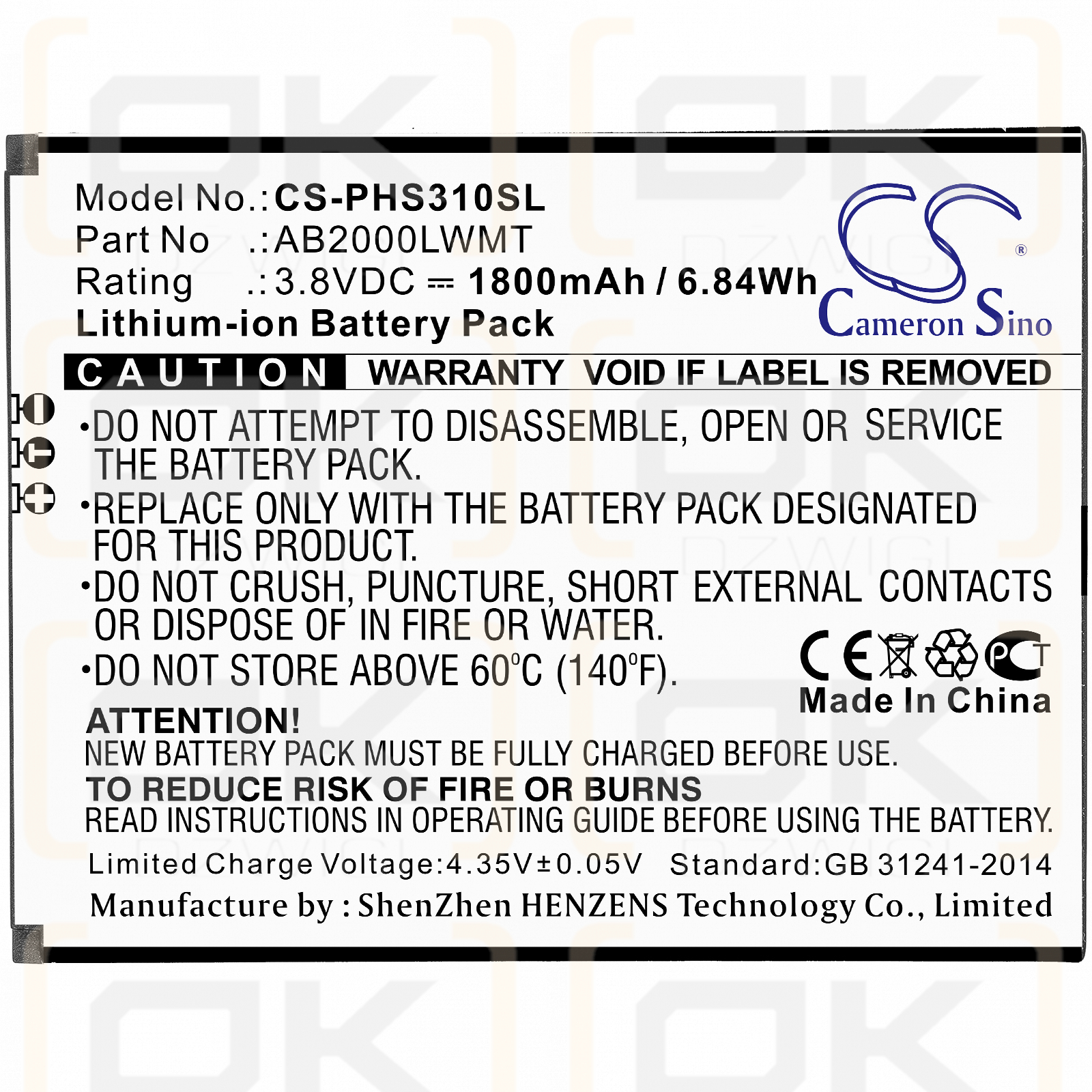 Philips Xenium S310X / AB2000LWMT 1800 mAh Li-Ion 3,8 V (Cameron Sino)