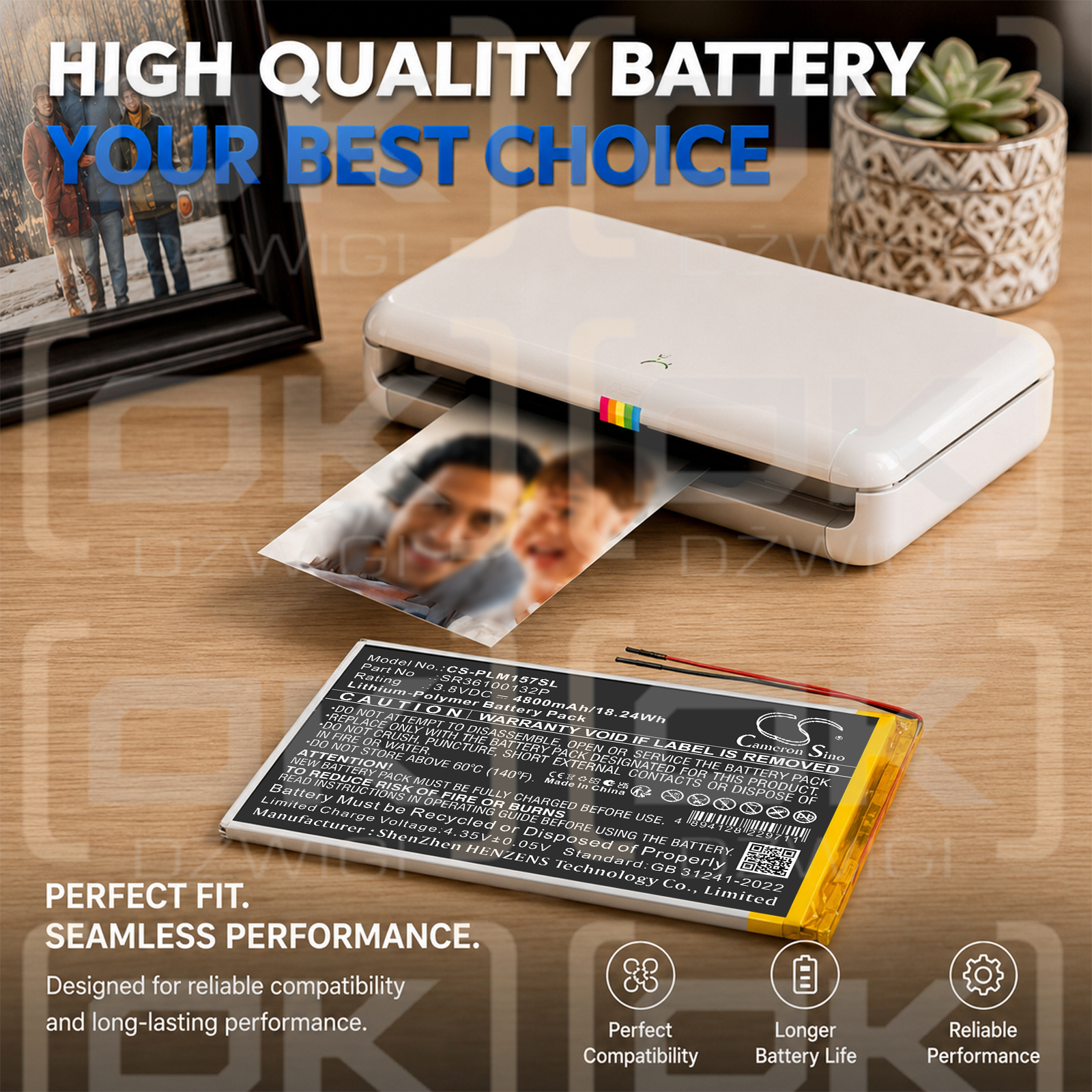 Replacement Battery for Polaroid MIDC157 / SR36100132P 4800 mAh Li-Polymer 3.8 V (Cameron Sino)